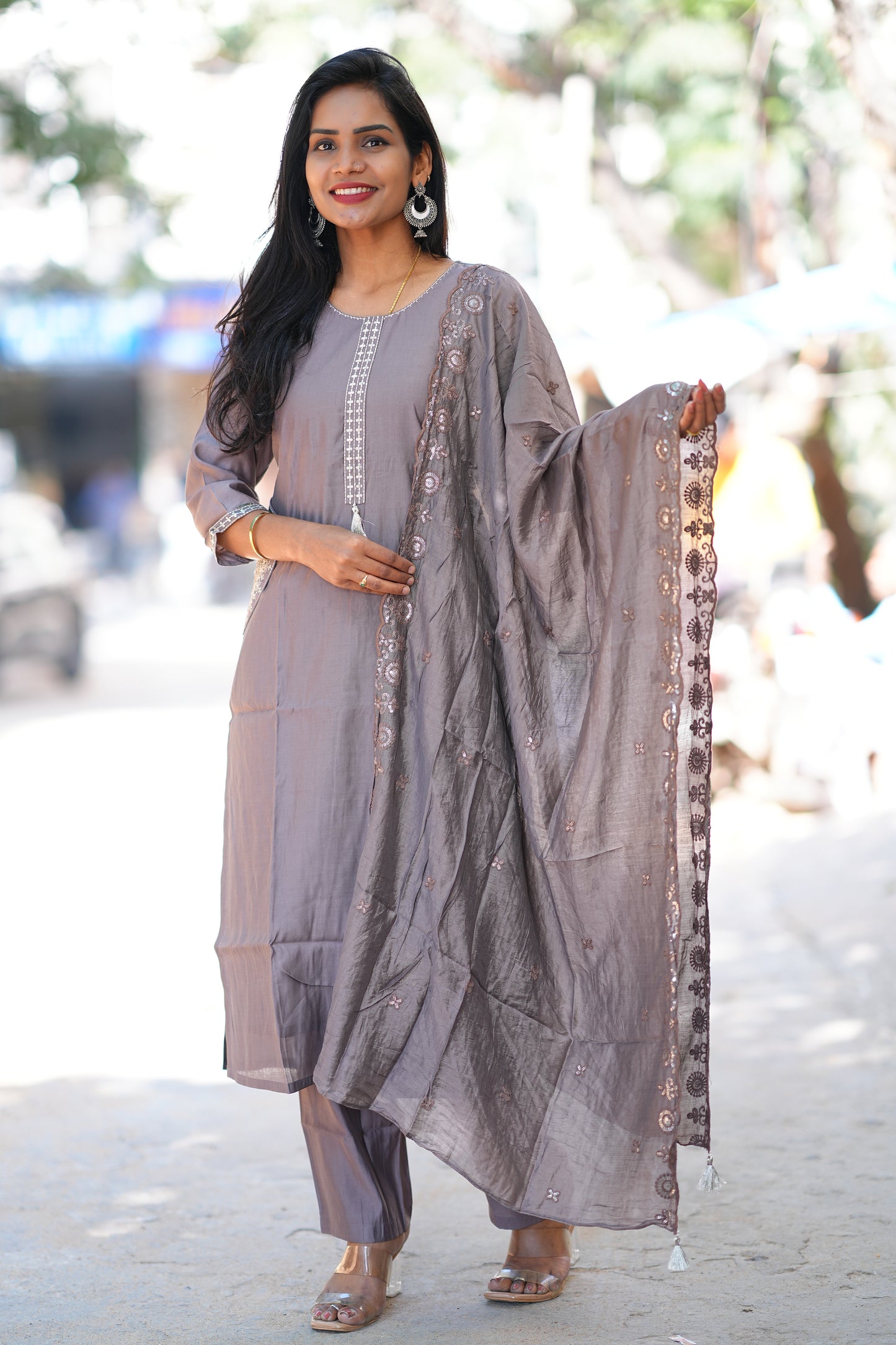 Light Grey Viscose Fabric Designer Wear 3 Piece Set