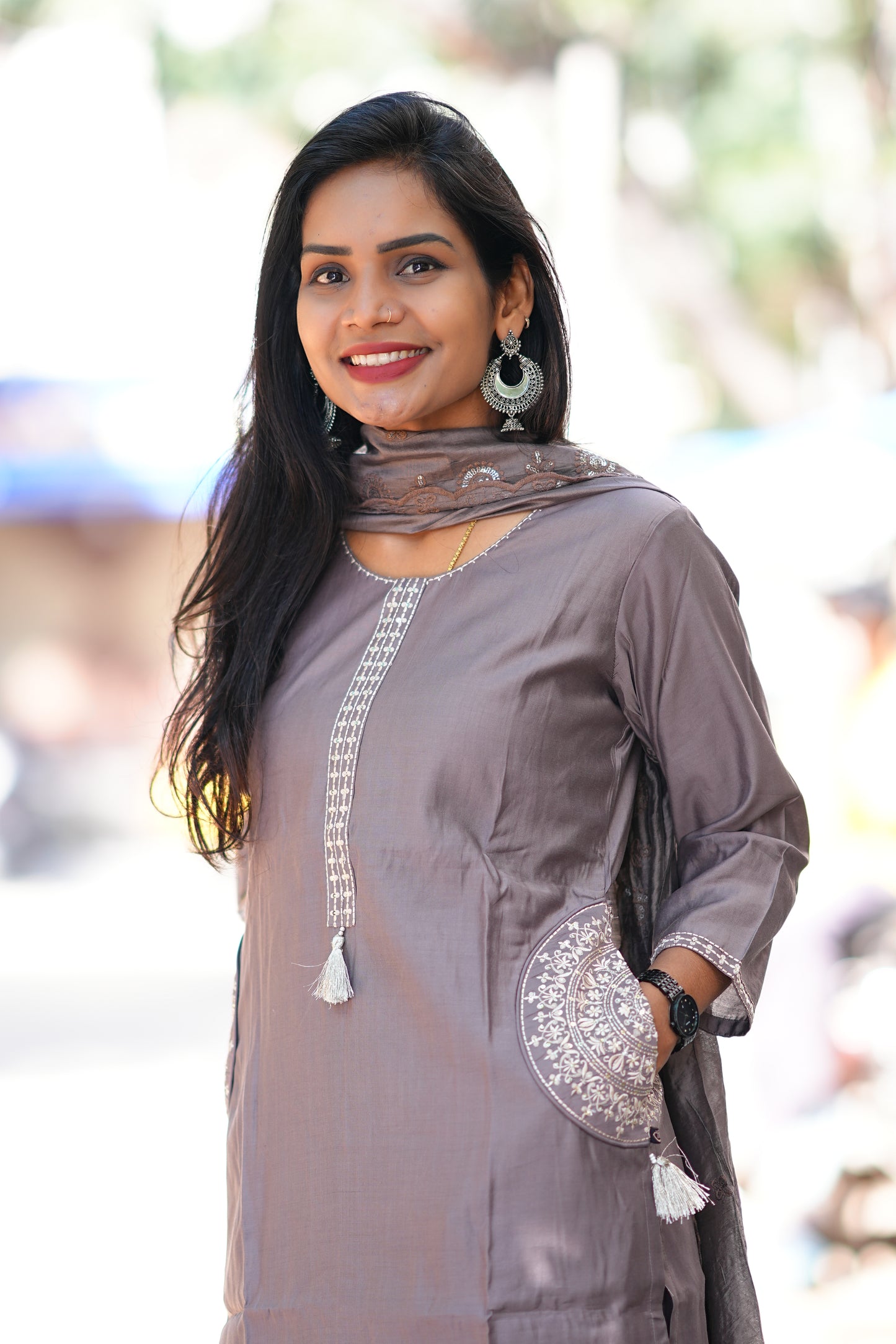 Light Grey Viscose Fabric Designer Wear 3 Piece Set