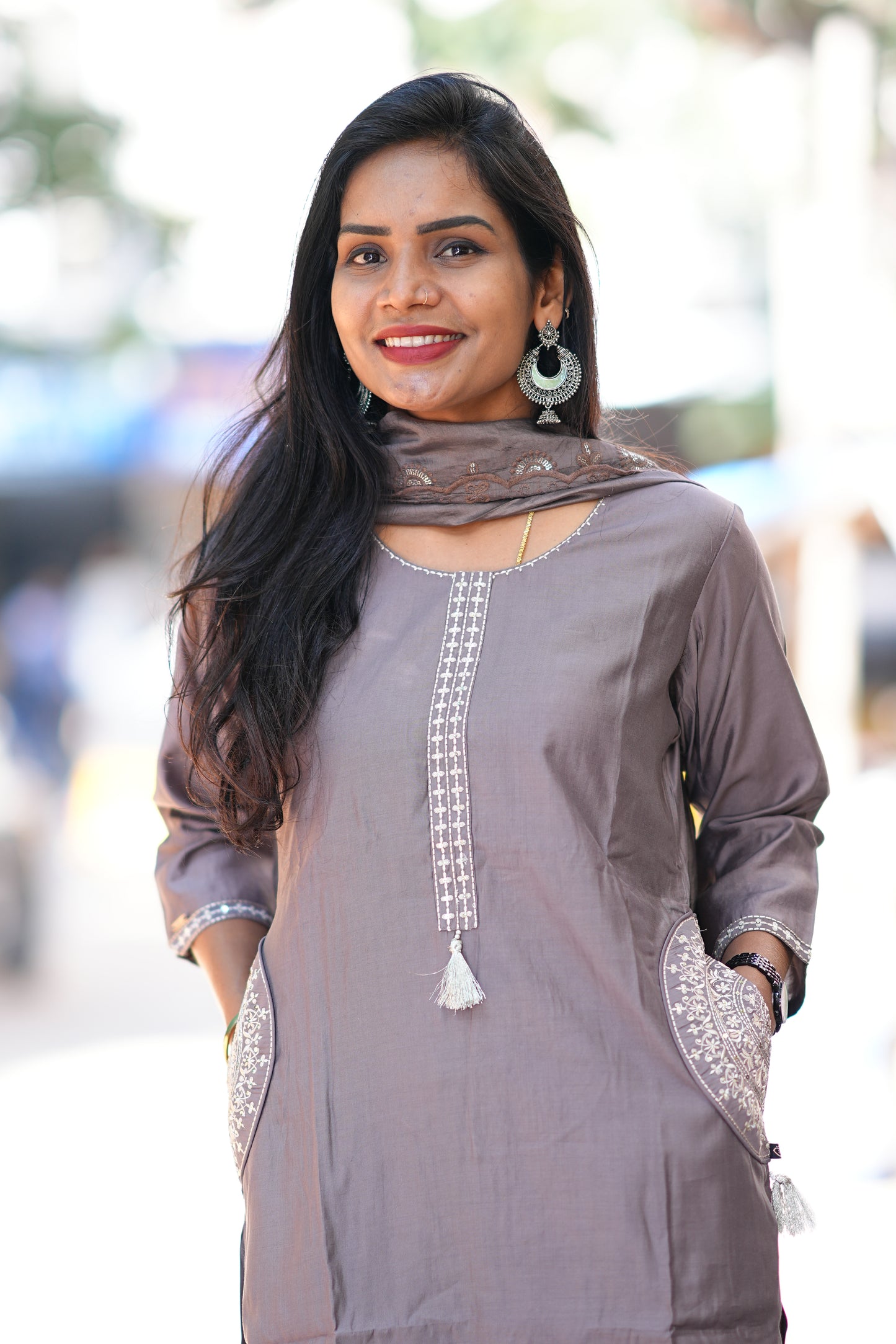 Light Grey Viscose Fabric Designer Wear 3 Piece Set