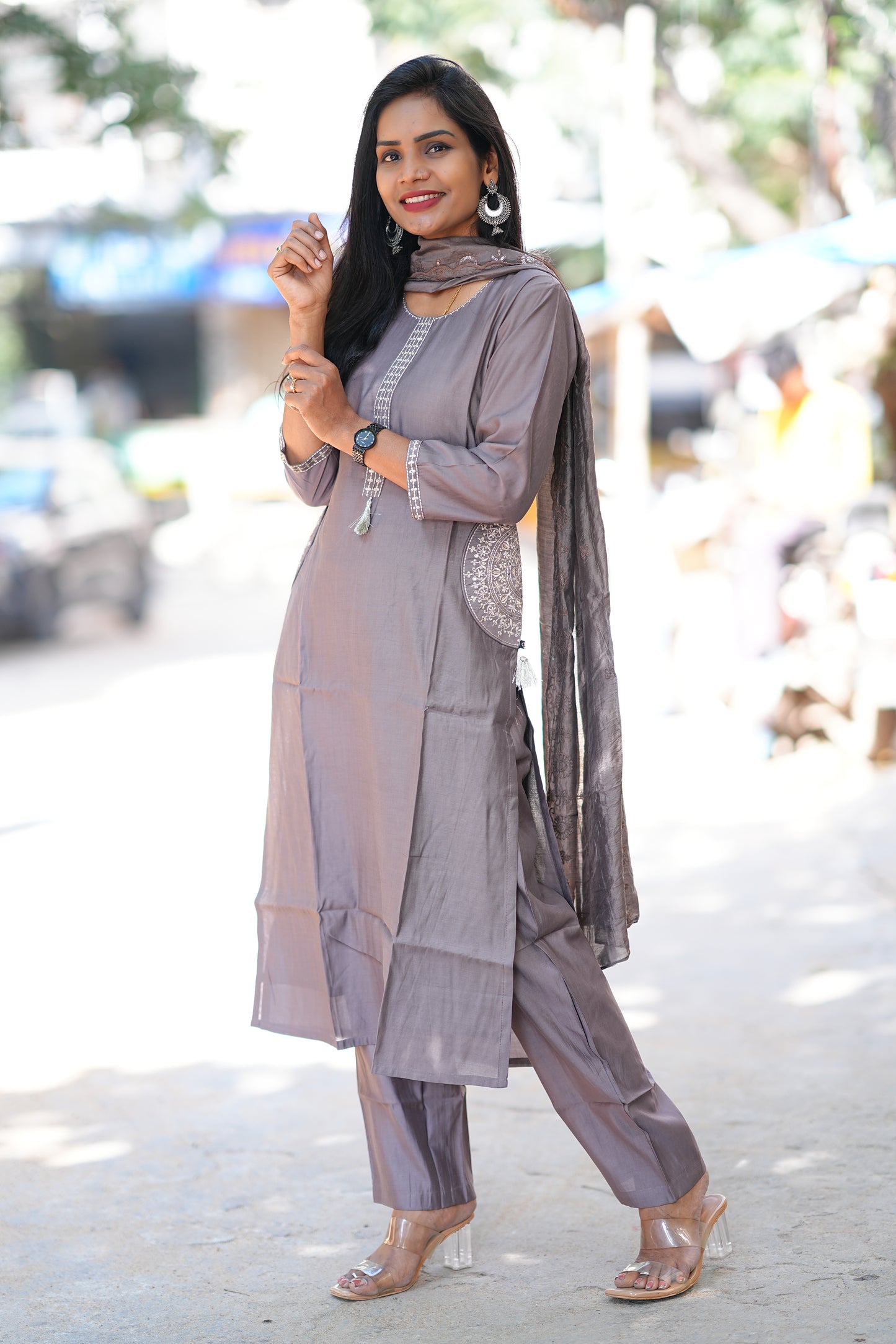 Light Grey Viscose Fabric Designer Wear 3 Piece Set