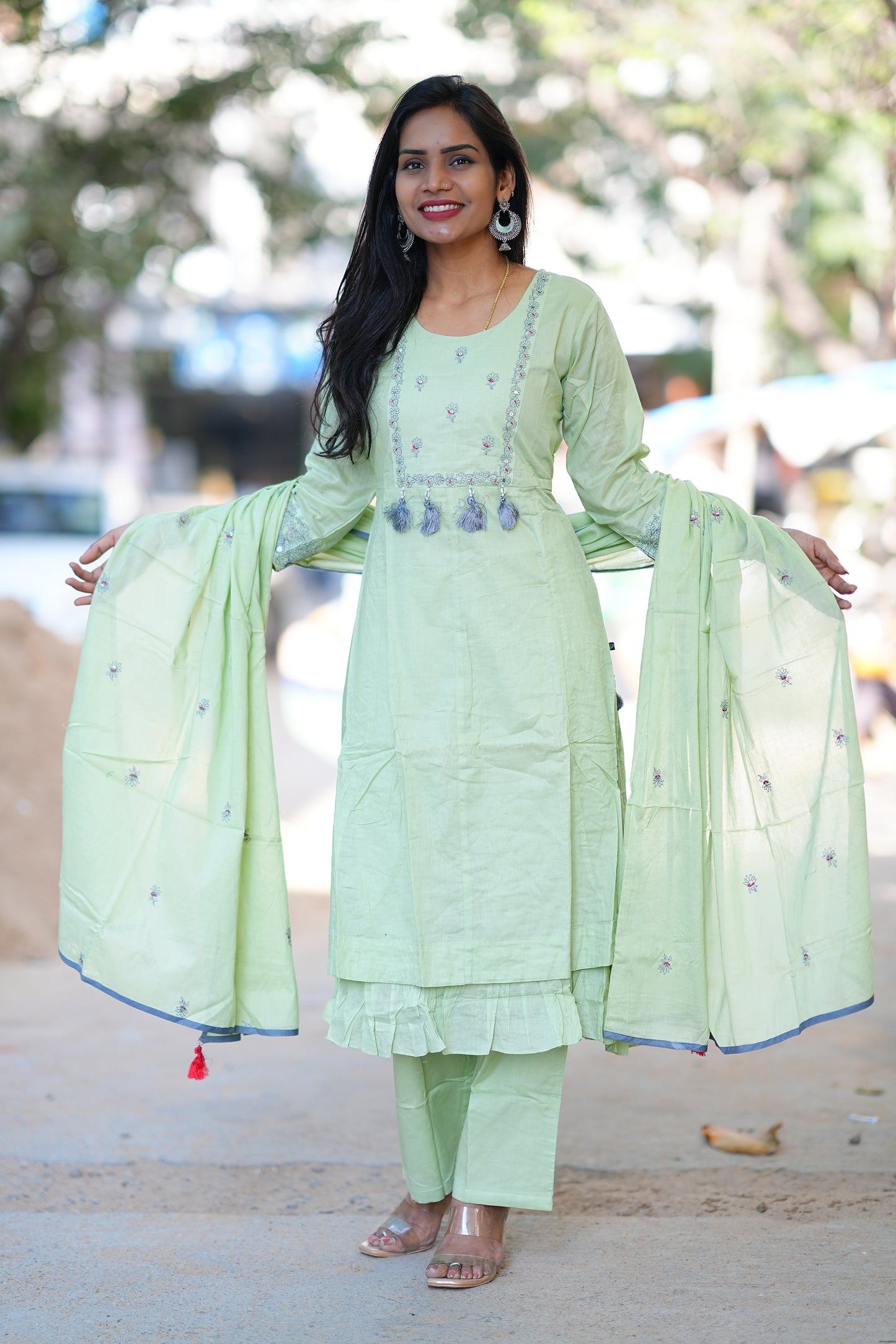 Pista Green Color Designer Wear Mul Cotton 3 Piece Set With Embriodary Work