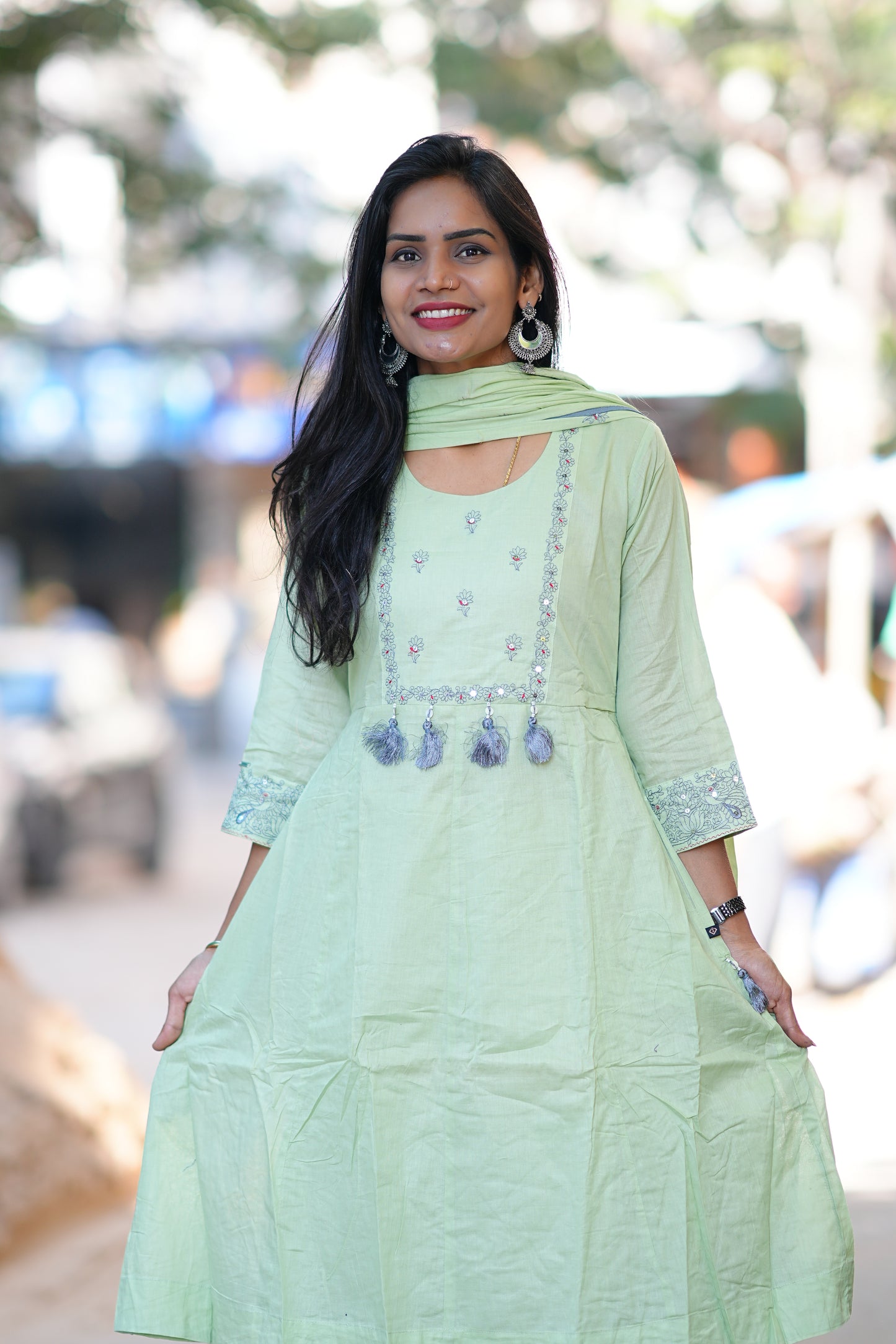 Pista Green Color Designer Wear Mul Cotton 3 Piece Set With Embriodary Work