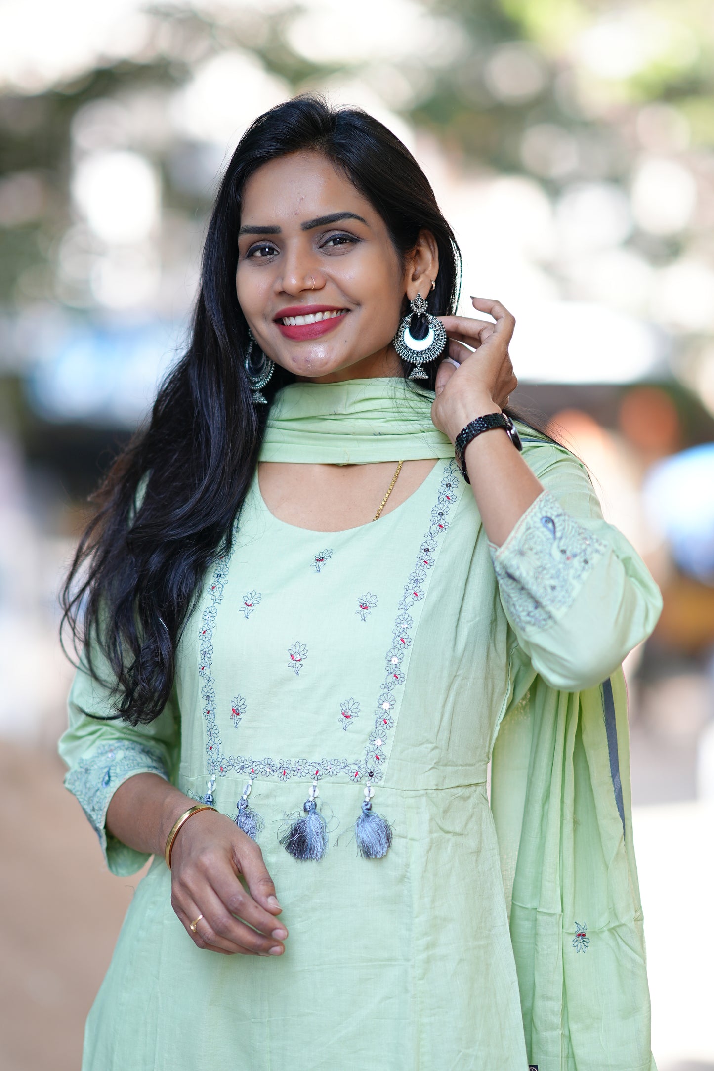 Pista Green Color Designer Wear Mul Cotton 3 Piece Set With Embriodary Work