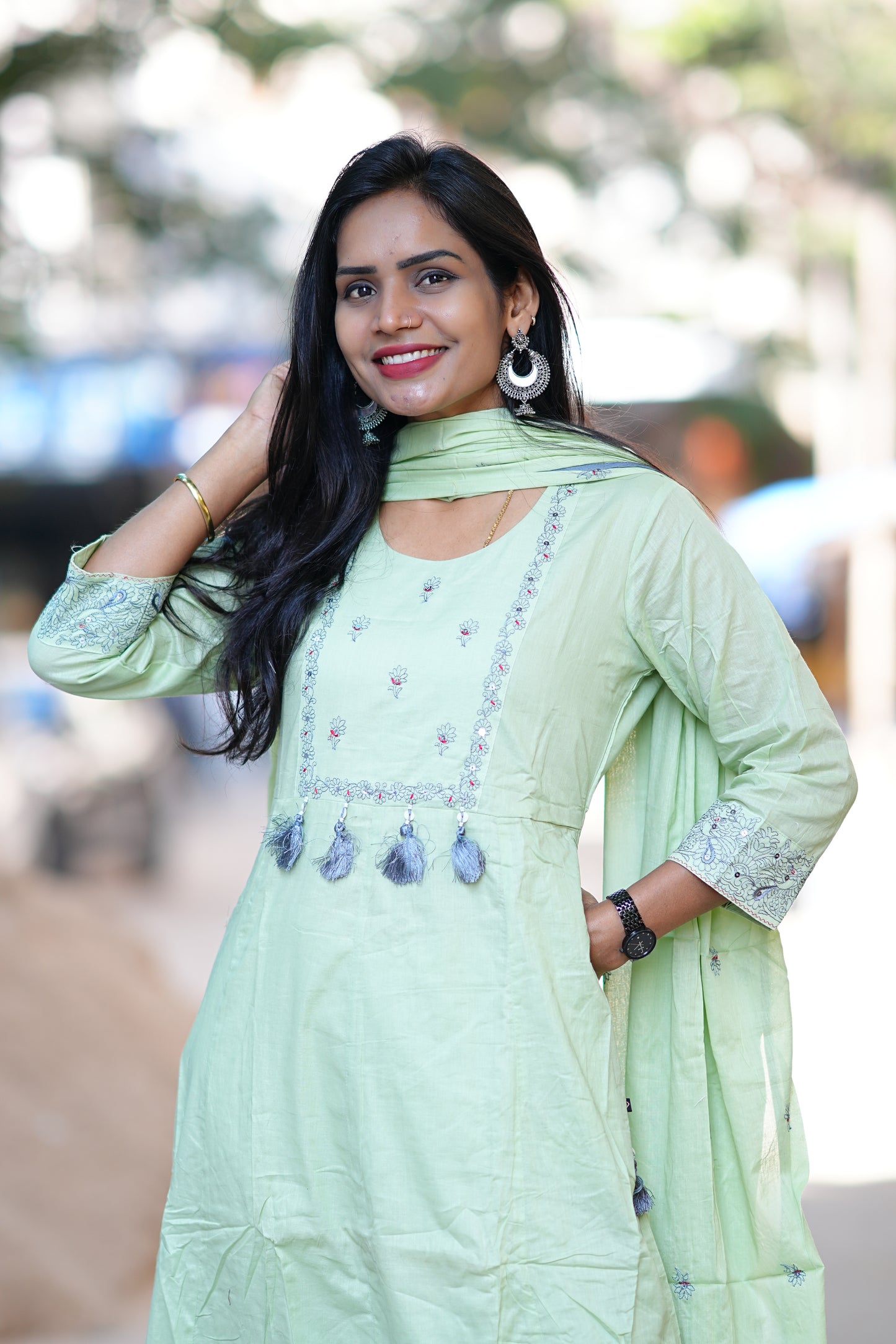 Pista Green Color Designer Wear Mul Cotton 3 Piece Set With Embriodary Work