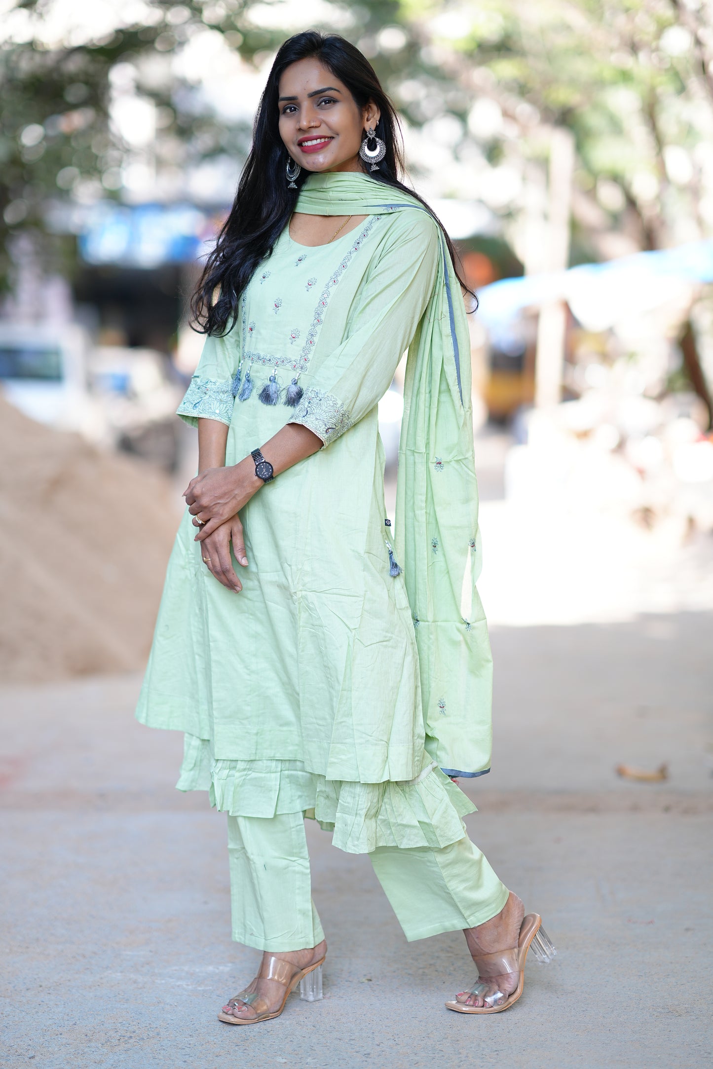 Pista Green Color Designer Wear Mul Cotton 3 Piece Set With Embriodary Work