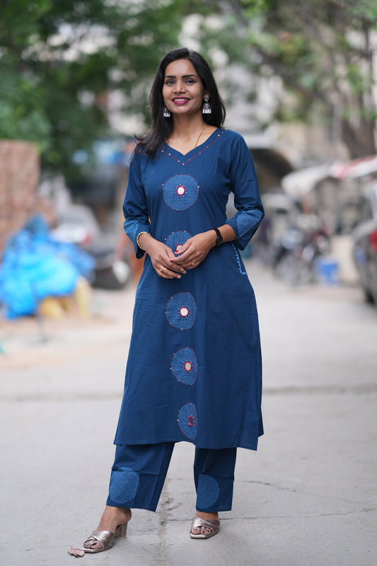 Blue Color Jaipur Cotton Cordset With Plazzo Pant Embriodary Work