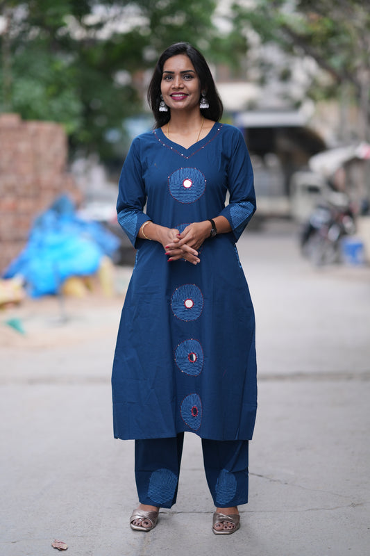 Blue Color Jaipur Cotton Cordset With Plazzo Pant Embriodary Work