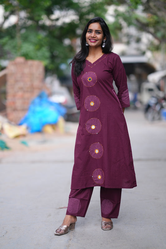 Wine Color Jaipuri Cotton Cord Set With Embroidery Work and Palazzo Pants