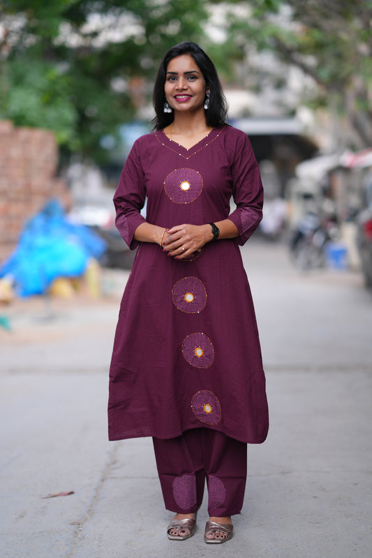 Wine Color Jaipuri Cotton Cord Set With Embroidery Work and Palazzo Pants