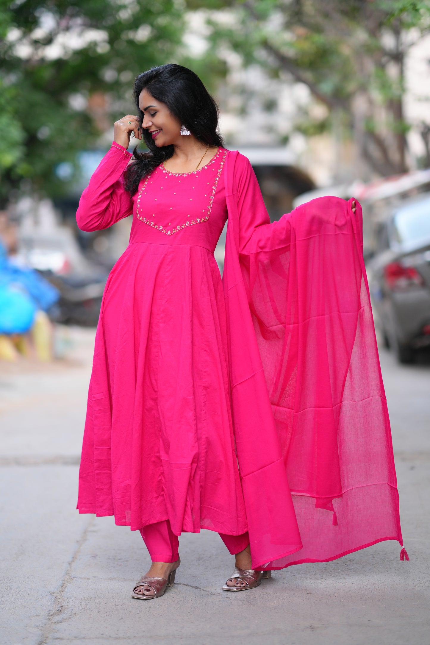 Rani Pink Color Mul Cotton 3 Piece Set With Gota Patti Work and complete Lining