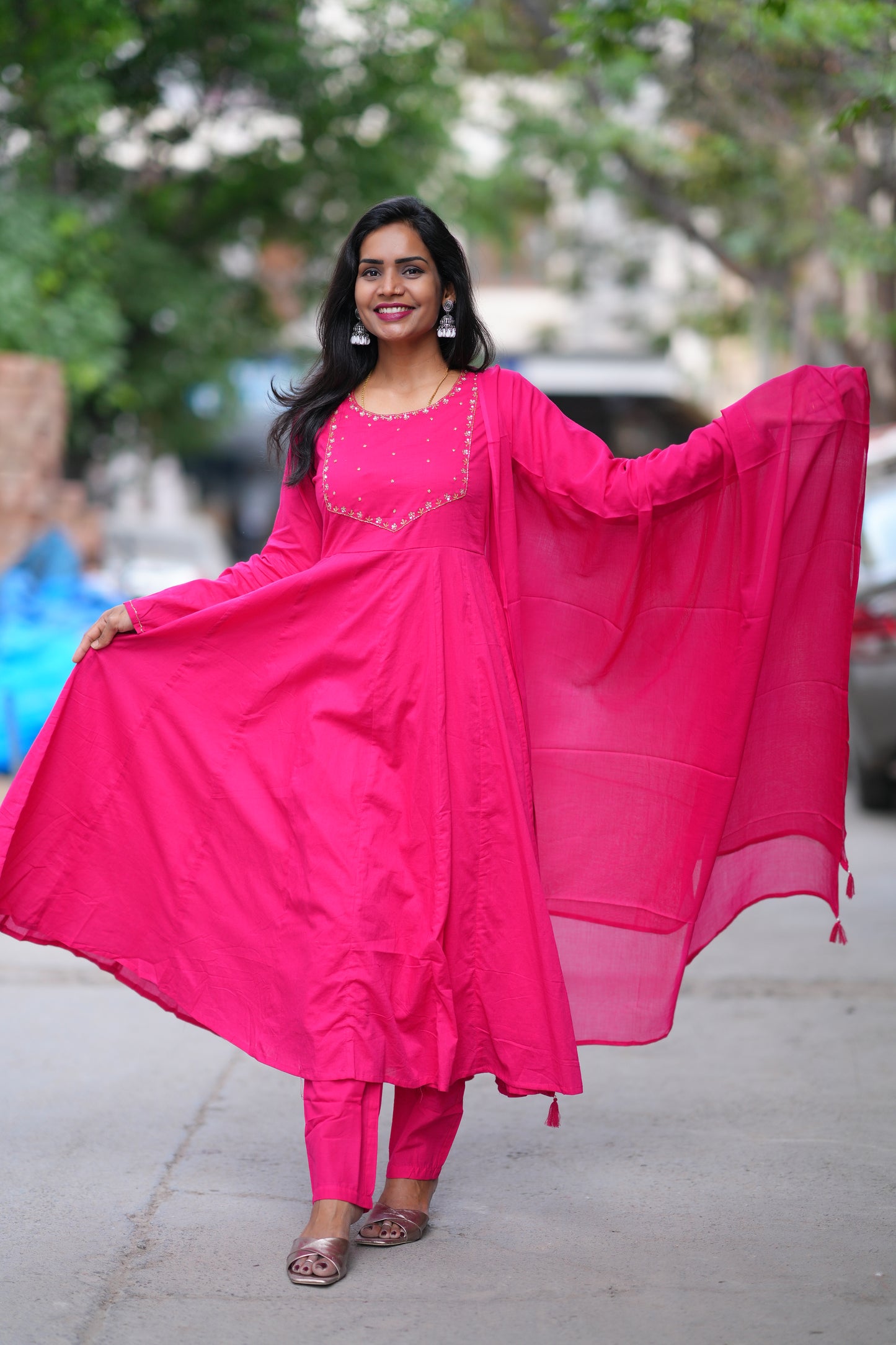 Rani Pink Color Mul Cotton 3 Piece Set With Gota Patti Work and complete Lining