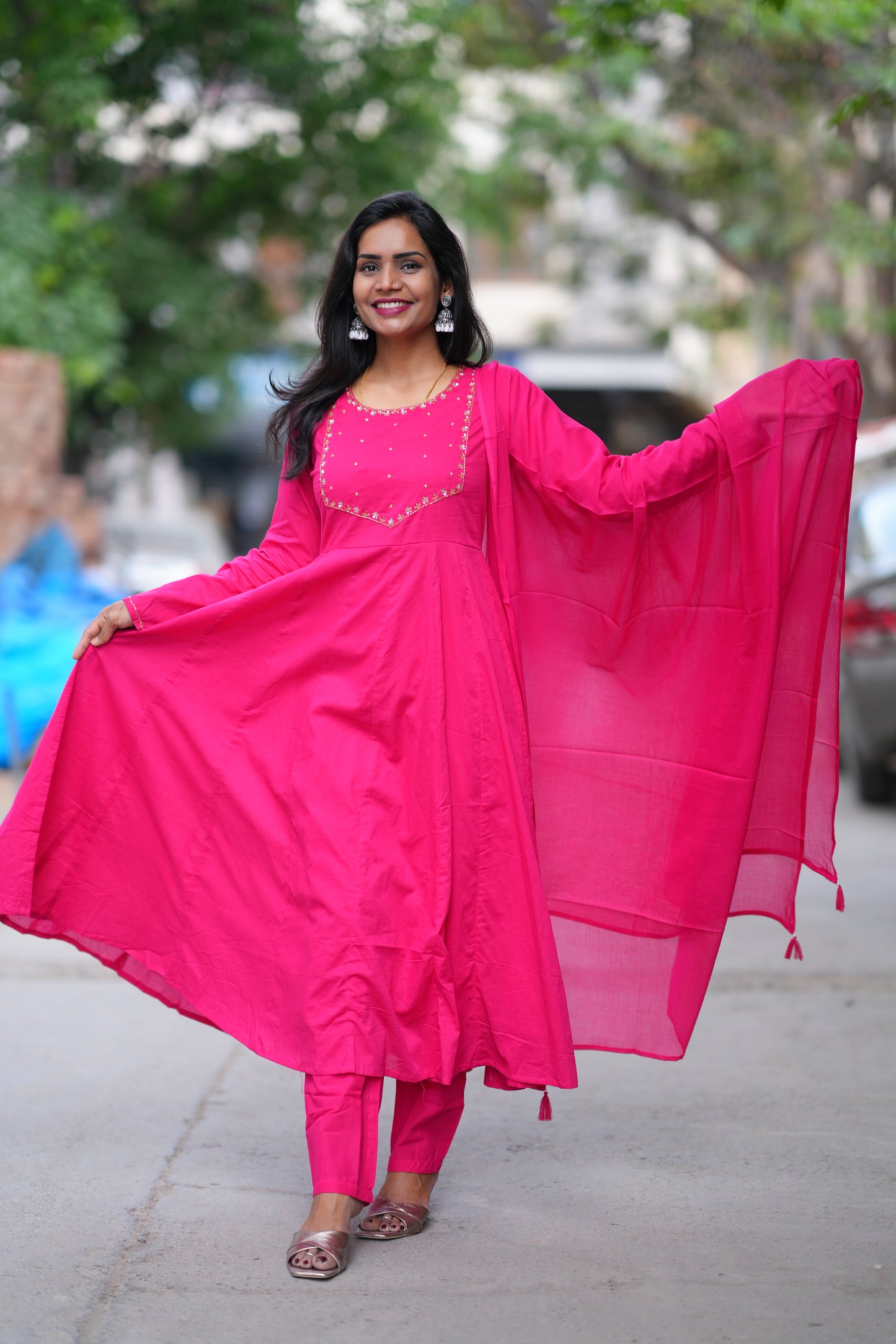 Rani Pink Color Mul Cotton 3 Piece Set With Gota Patti Work and complete Lining