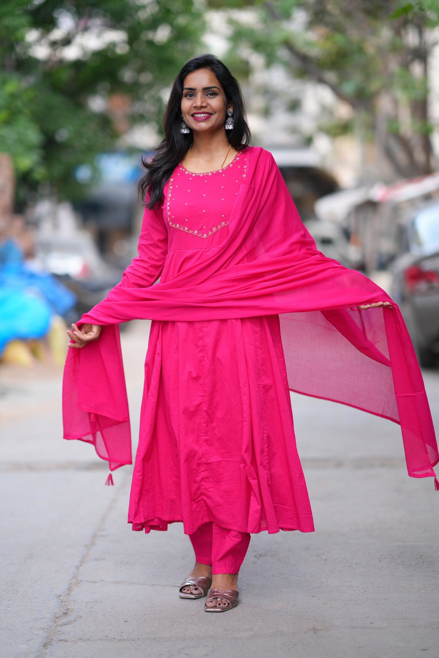 Rani Pink Color Mul Cotton 3 Piece Set With Gota Patti Work and complete Lining
