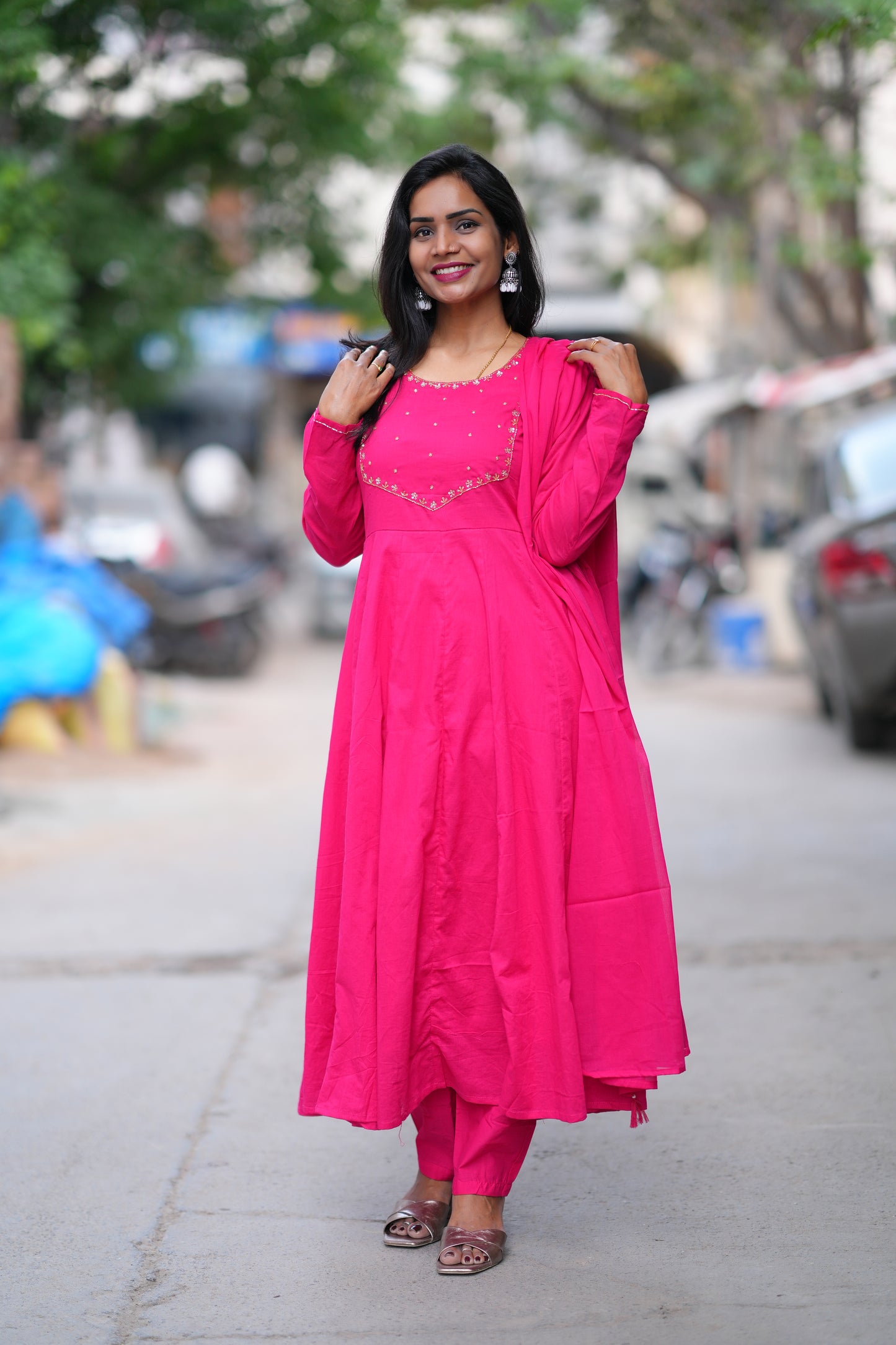 Rani Pink Color Mul Cotton 3 Piece Set With Gota Patti Work and complete Lining
