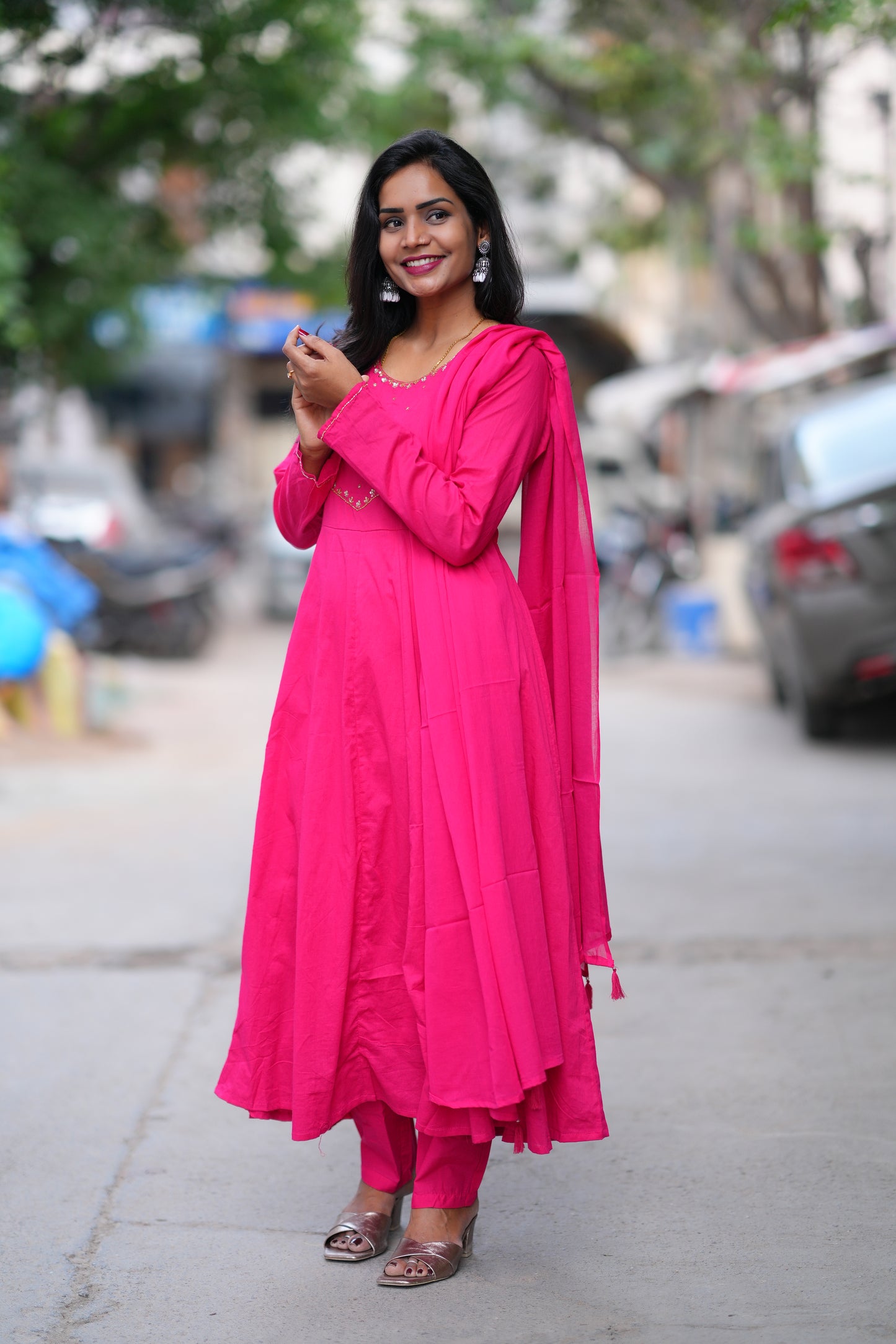Rani Pink Color Mul Cotton 3 Piece Set With Gota Patti Work and complete Lining