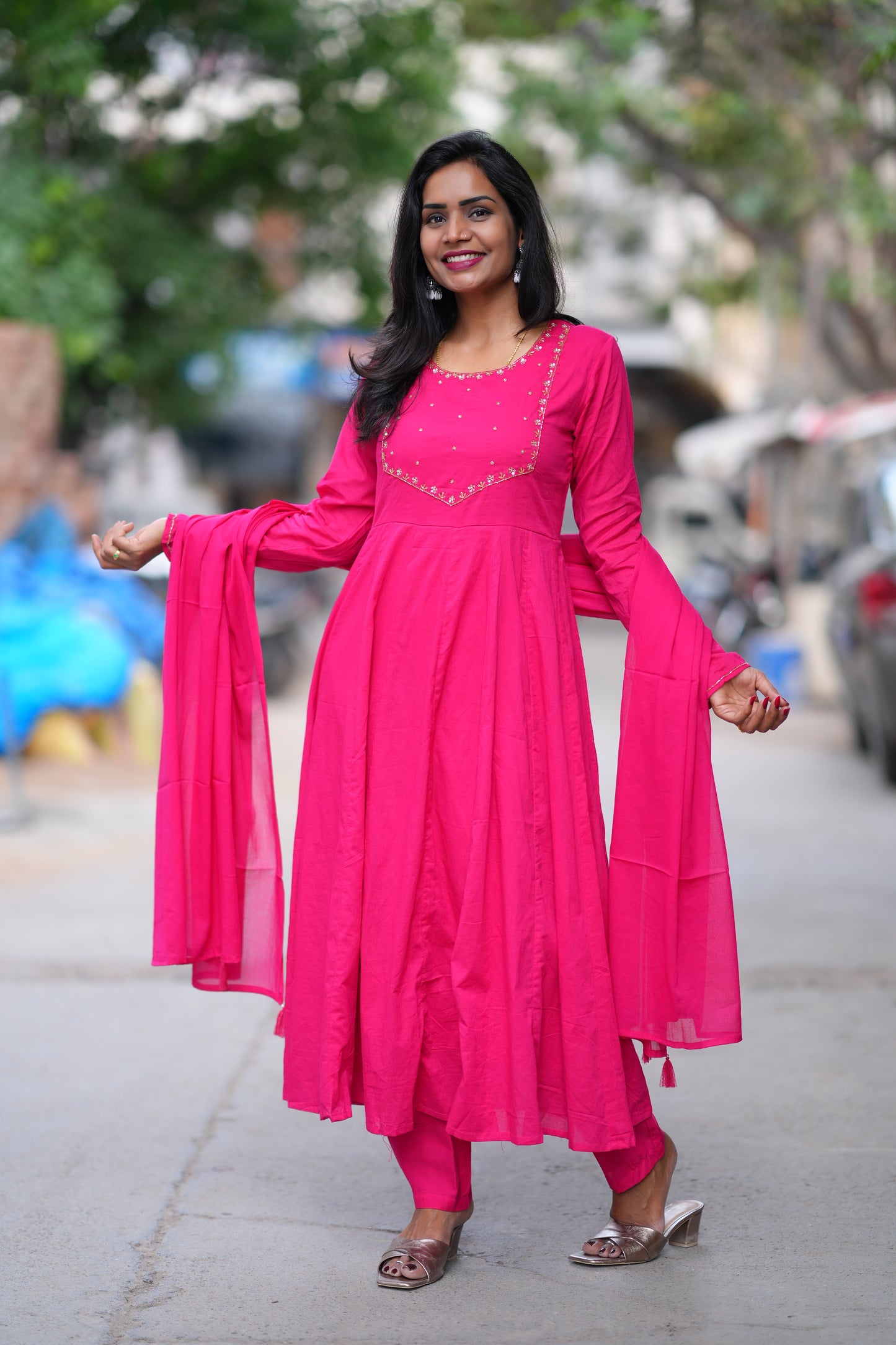 Rani Pink Color Mul Cotton 3 Piece Set With Gota Patti Work and complete Lining