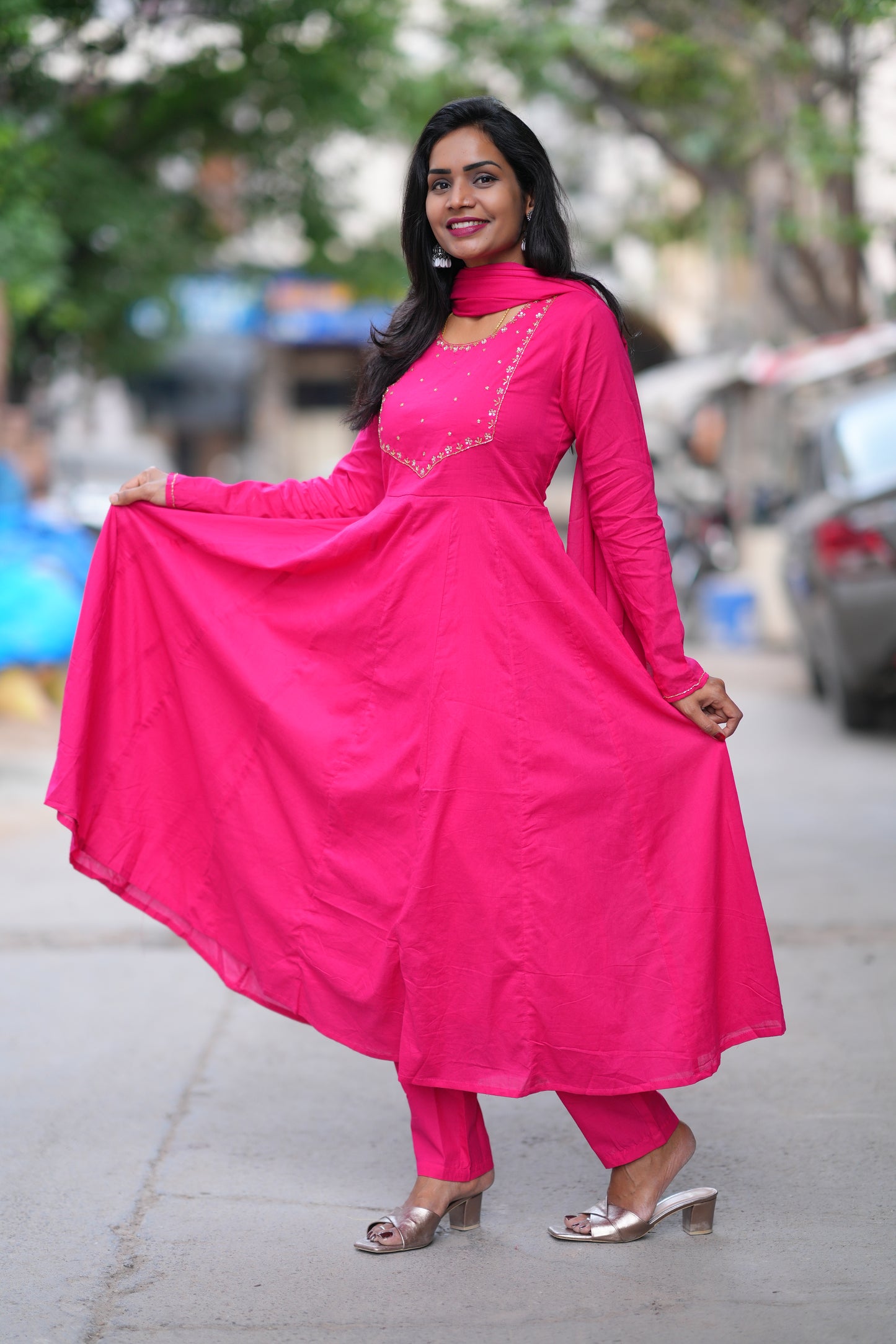 Rani Pink Color Mul Cotton 3 Piece Set With Gota Patti Work and complete Lining