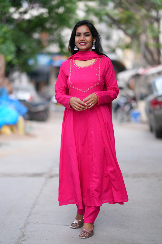 Rani Pink Color Mul Cotton 3 Piece Set With Gota Patti Work and complete Lining