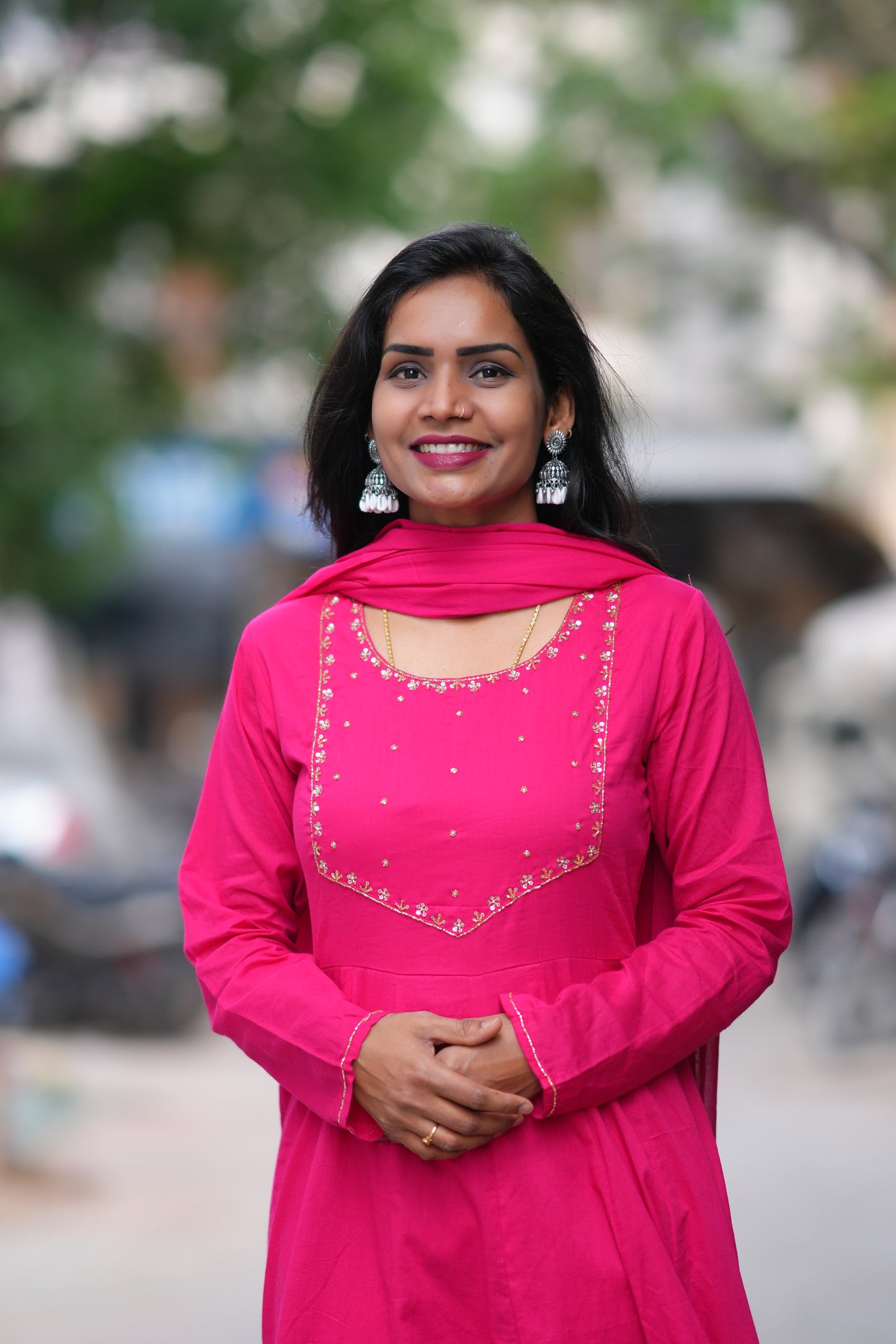 Rani Pink Color Mul Cotton 3 Piece Set With Gota Patti Work and complete Lining