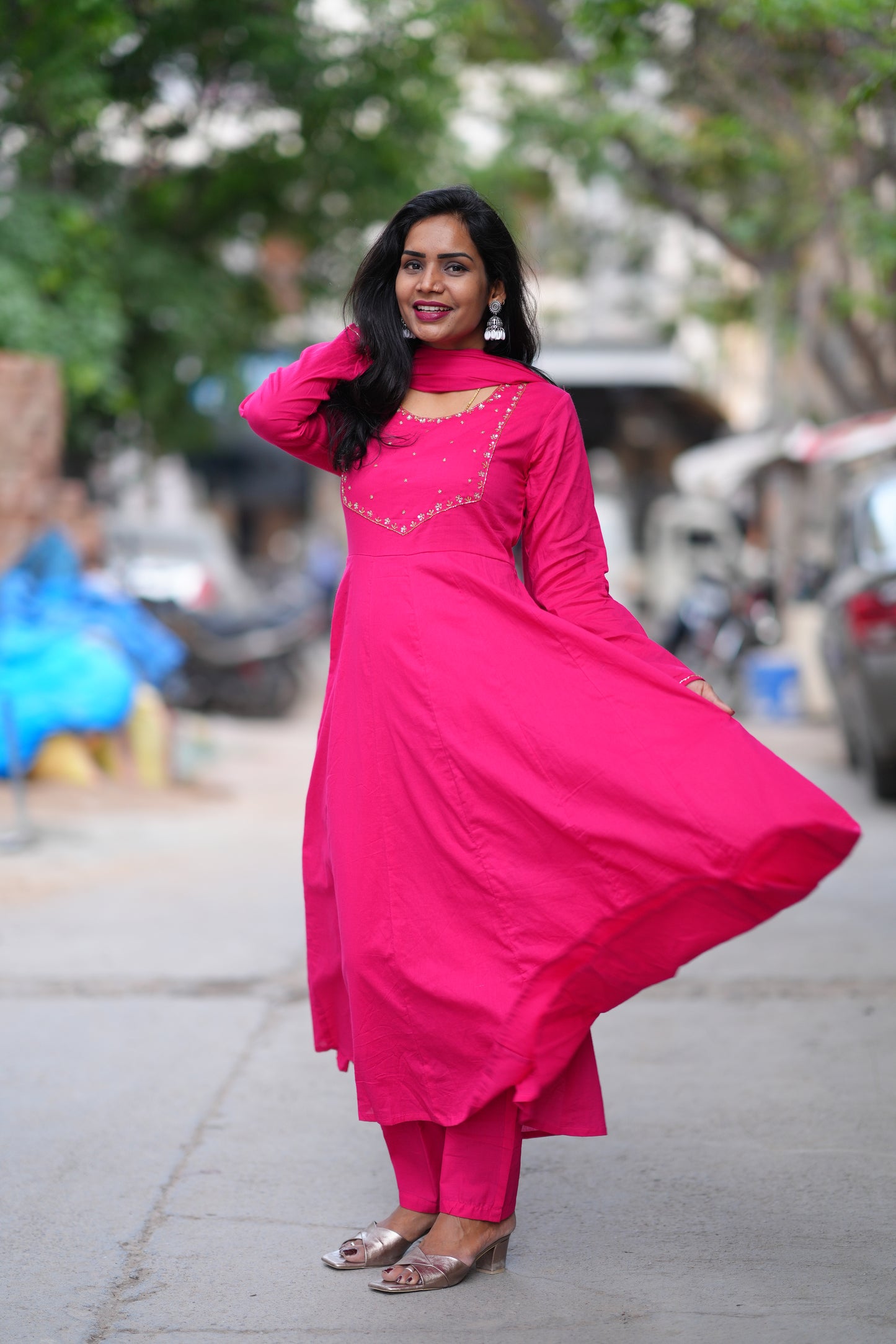 Rani Pink Color Mul Cotton 3 Piece Set With Gota Patti Work and complete Lining