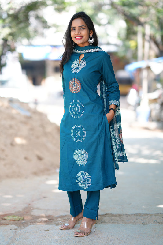 Russian Blue Color Jaipur Cotton 3 Piece Set