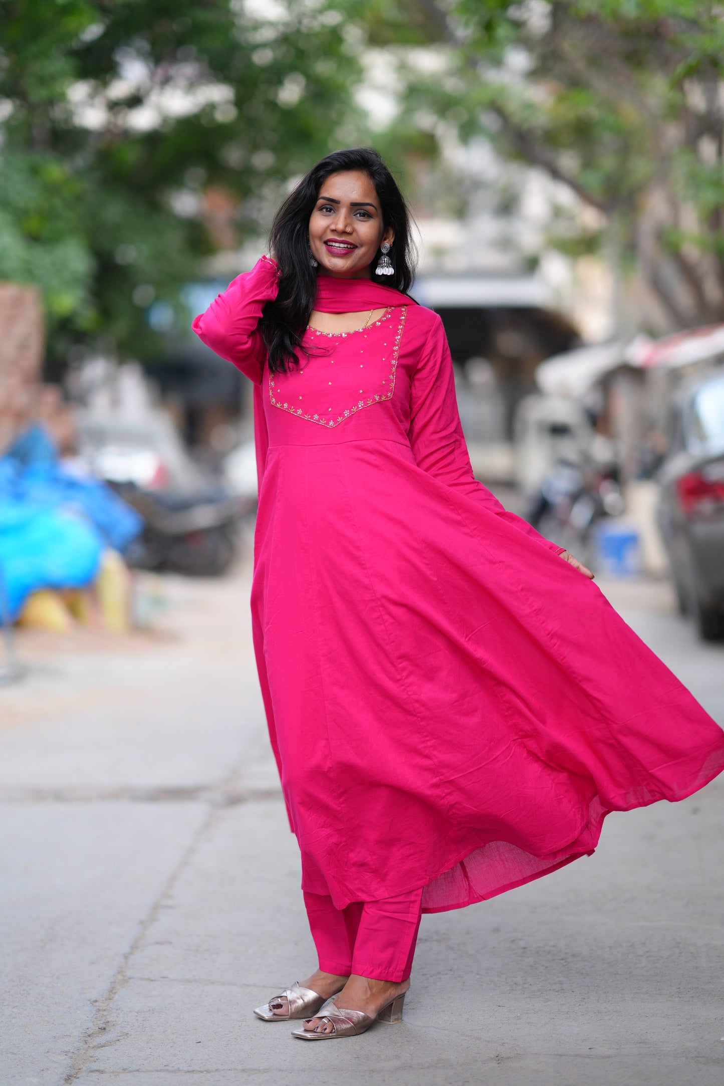 Rani Pink Color Mul Cotton 3 Piece Set With Gota Patti Work and complete Lining