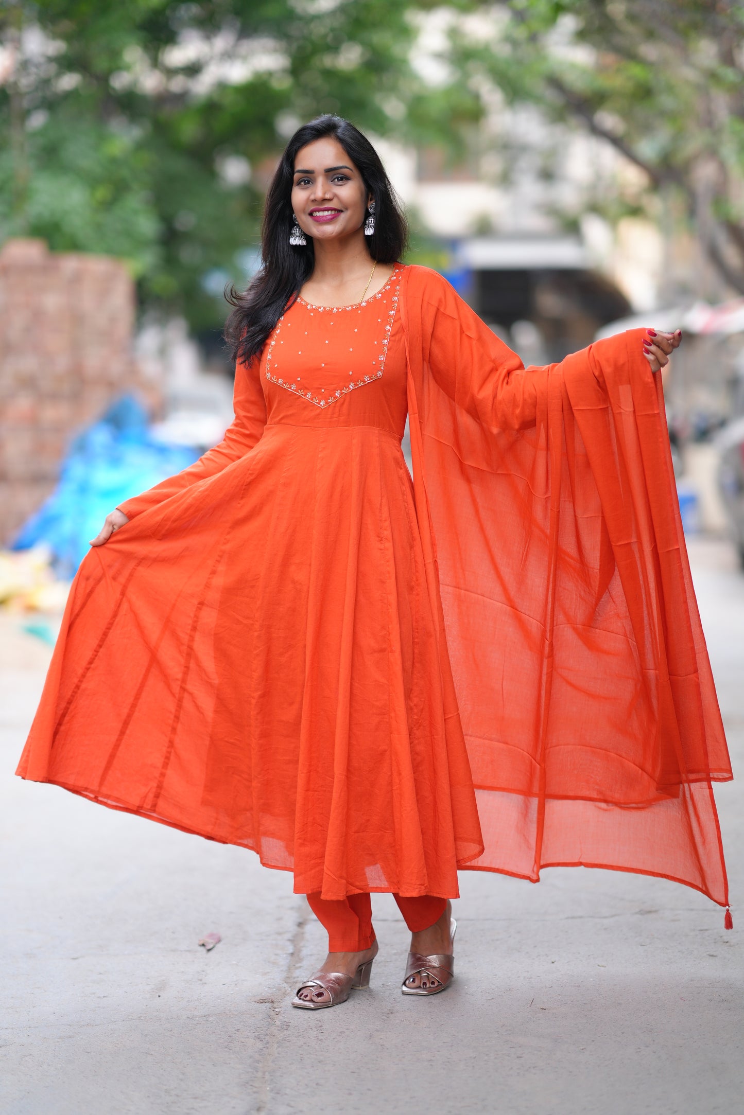 Orange Color Mul Cotton 3 Piece Set With Gota Patti Work and complete Lining