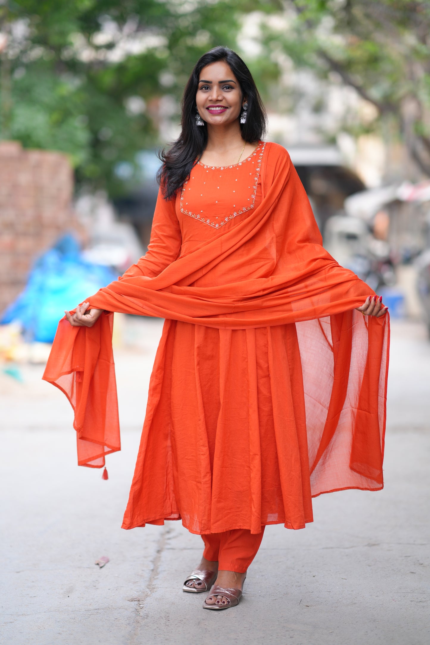 Orange Color Mul Cotton 3 Piece Set With Gota Patti Work and complete Lining