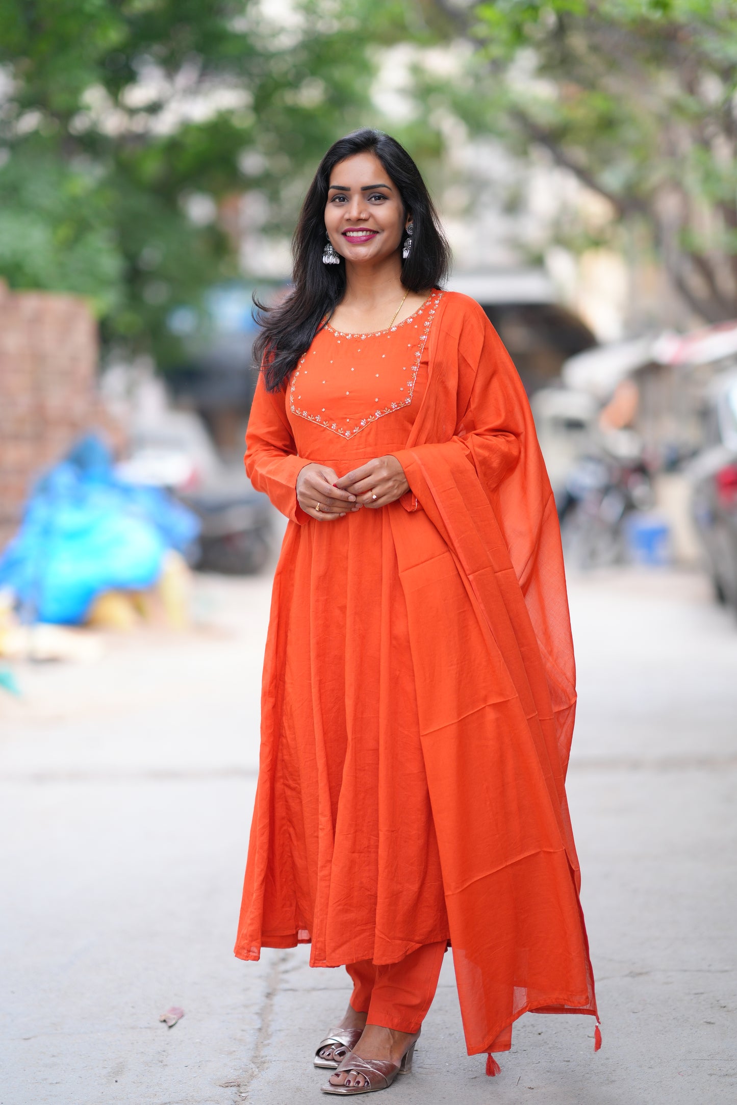 Orange Color Mul Cotton 3 Piece Set With Gota Patti Work and complete Lining