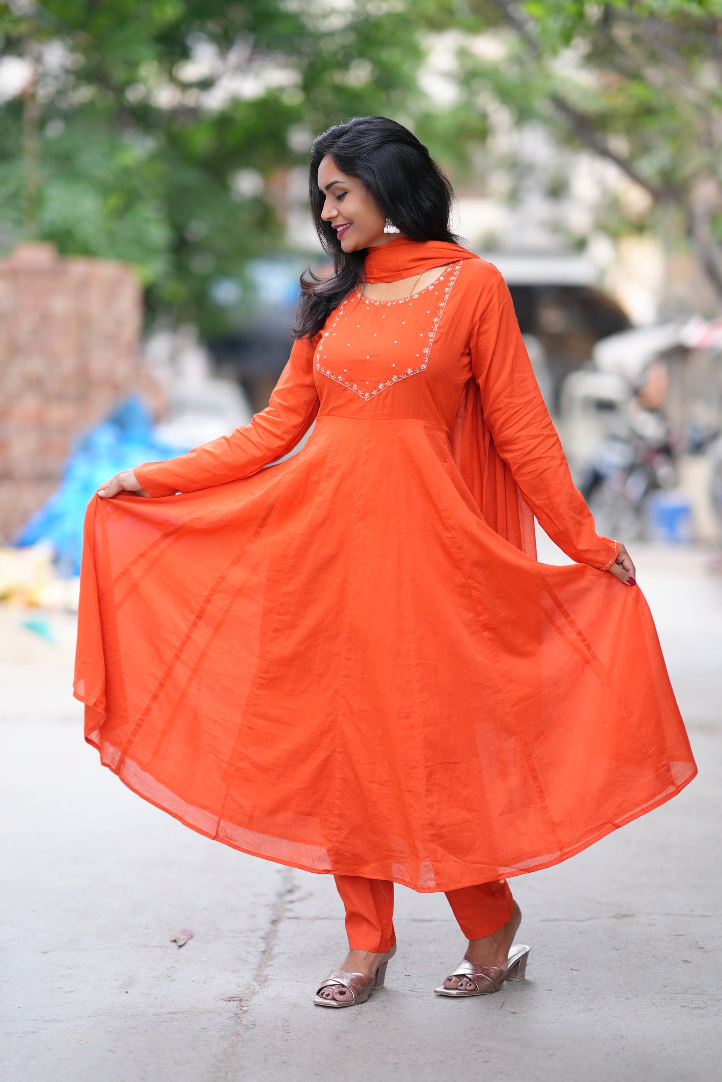 Orange Color Mul Cotton 3 Piece Set With Gota Patti Work and complete Lining