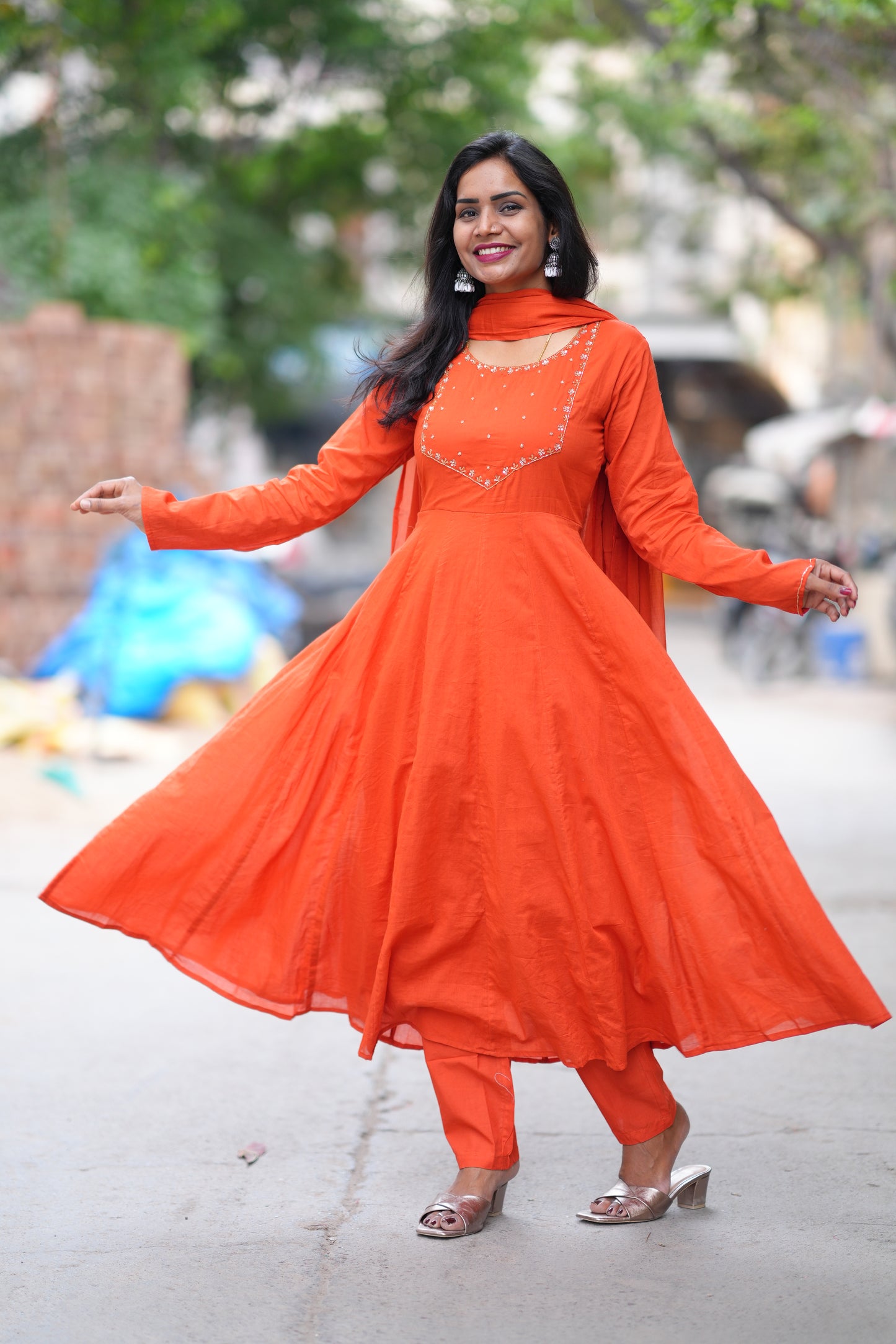 Orange Color Mul Cotton 3 Piece Set With Gota Patti Work and complete Lining
