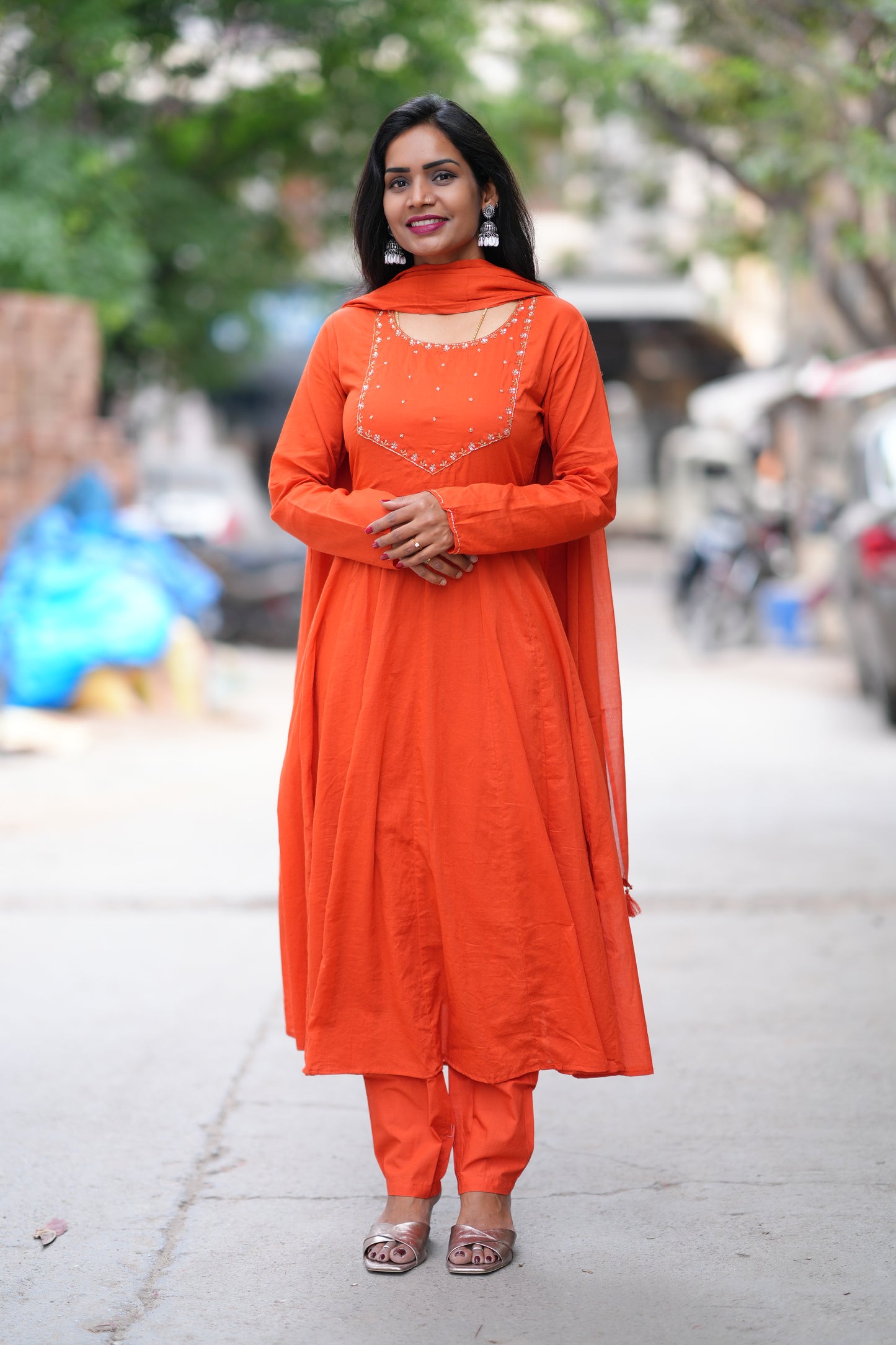 Orange Color Mul Cotton 3 Piece Set With Gota Patti Work and complete Lining