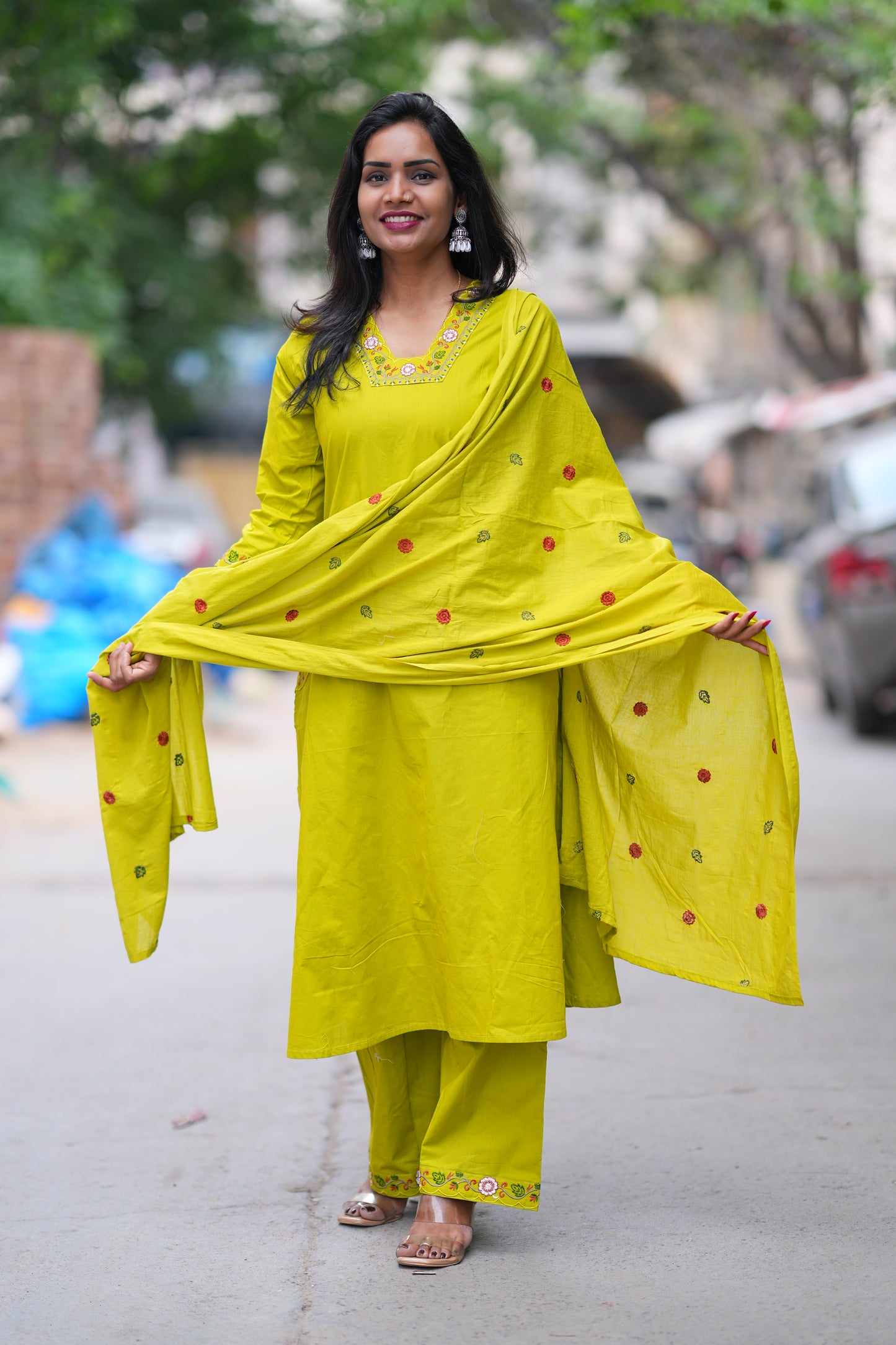 Golden Yellow color Jaipuri Cotton 3 piece Set With Pazzo Pant and Embroidery Work