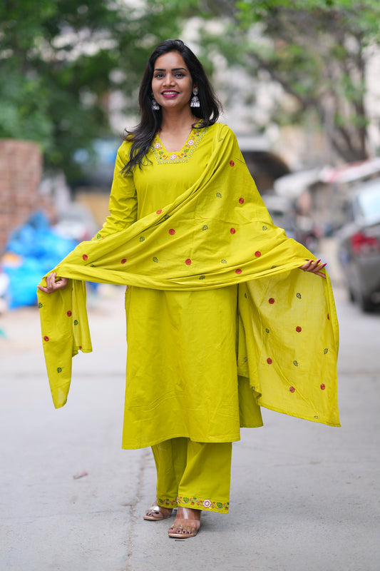 Golden Yellow color Jaipuri Cotton 3 piece Set With Pazzo Pant and Embroidery Work
