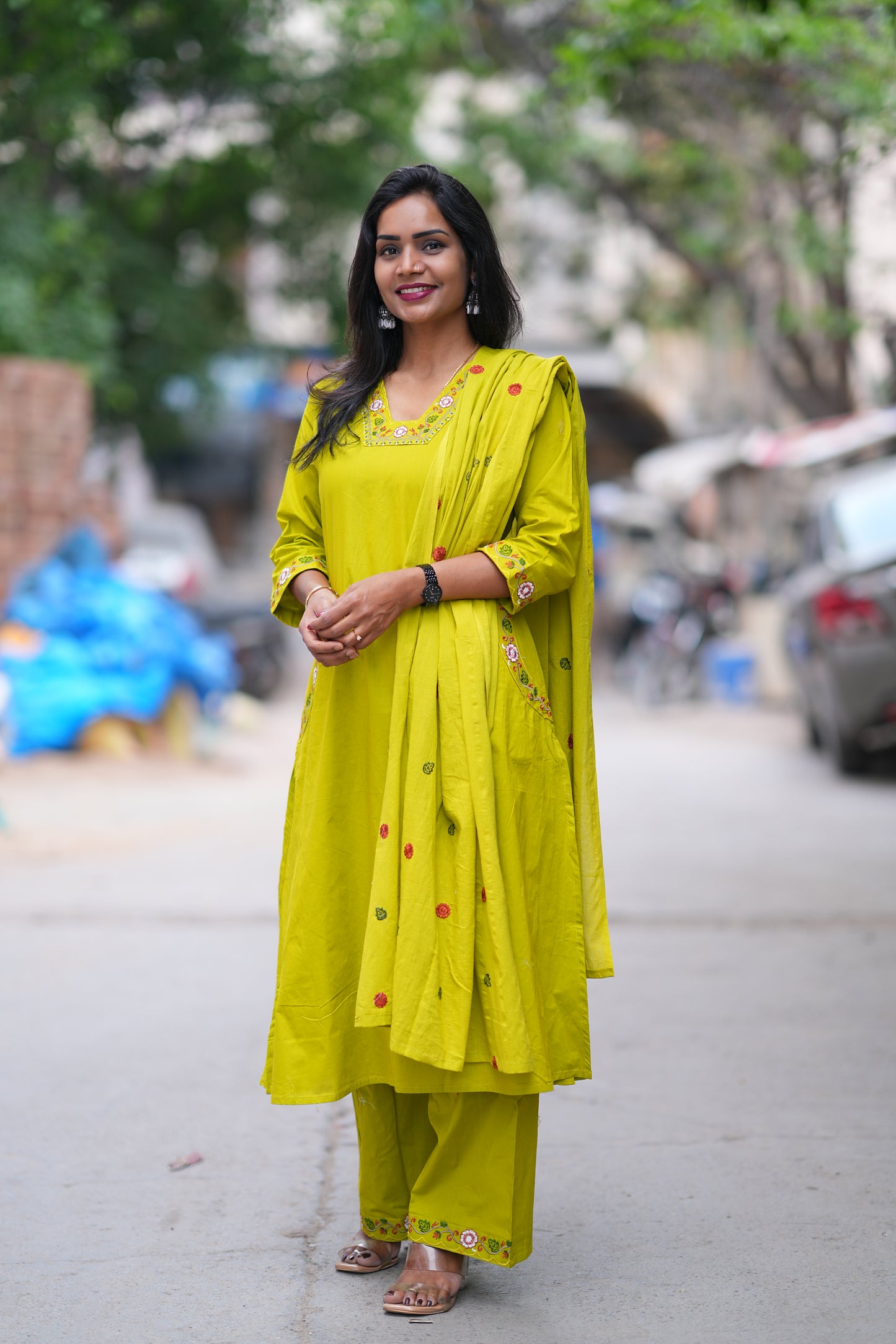 Golden Yellow color Jaipuri Cotton 3 piece Set With Pazzo Pant and Embroidery Work