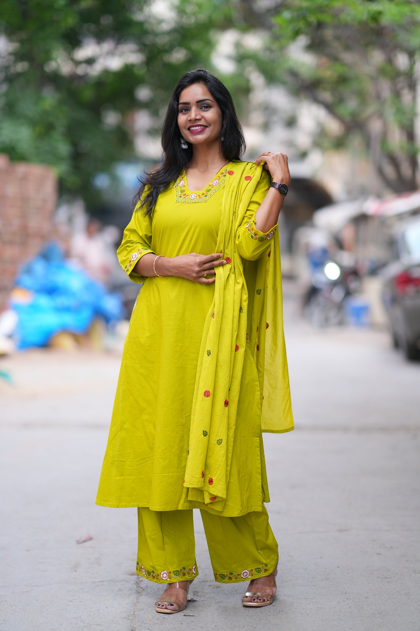 Golden Yellow color Jaipuri Cotton 3 piece Set With Pazzo Pant and Embroidery Work