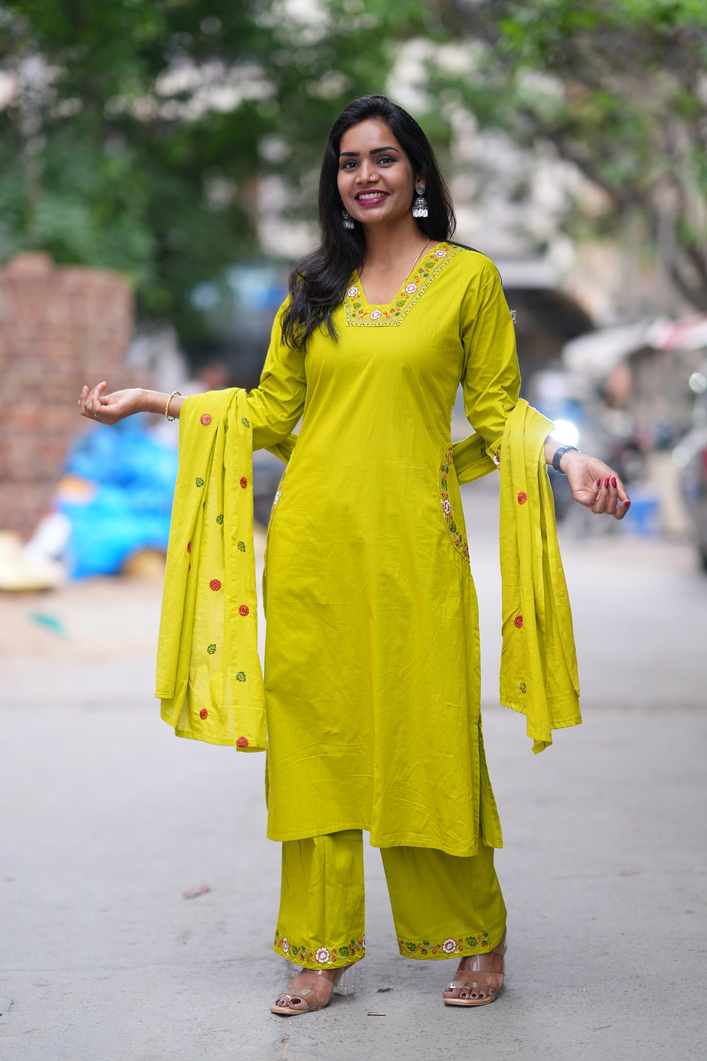 Golden Yellow color Jaipuri Cotton 3 piece Set With Pazzo Pant and Embroidery Work