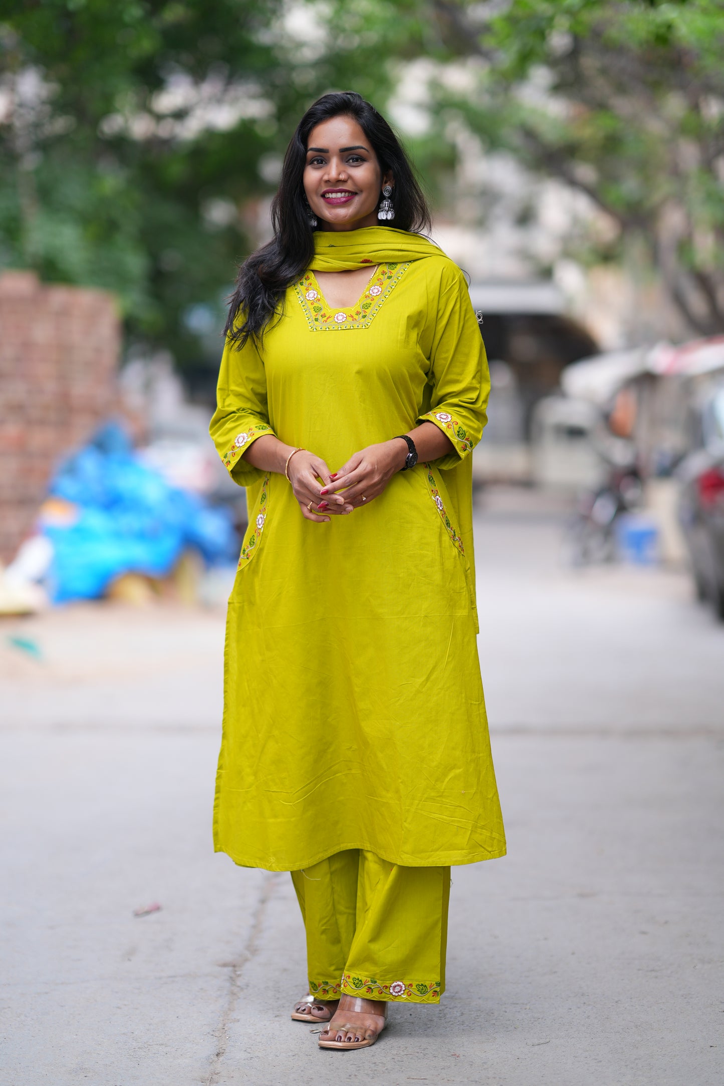 Golden Yellow color Jaipuri Cotton 3 piece Set With Pazzo Pant and Embroidery Work