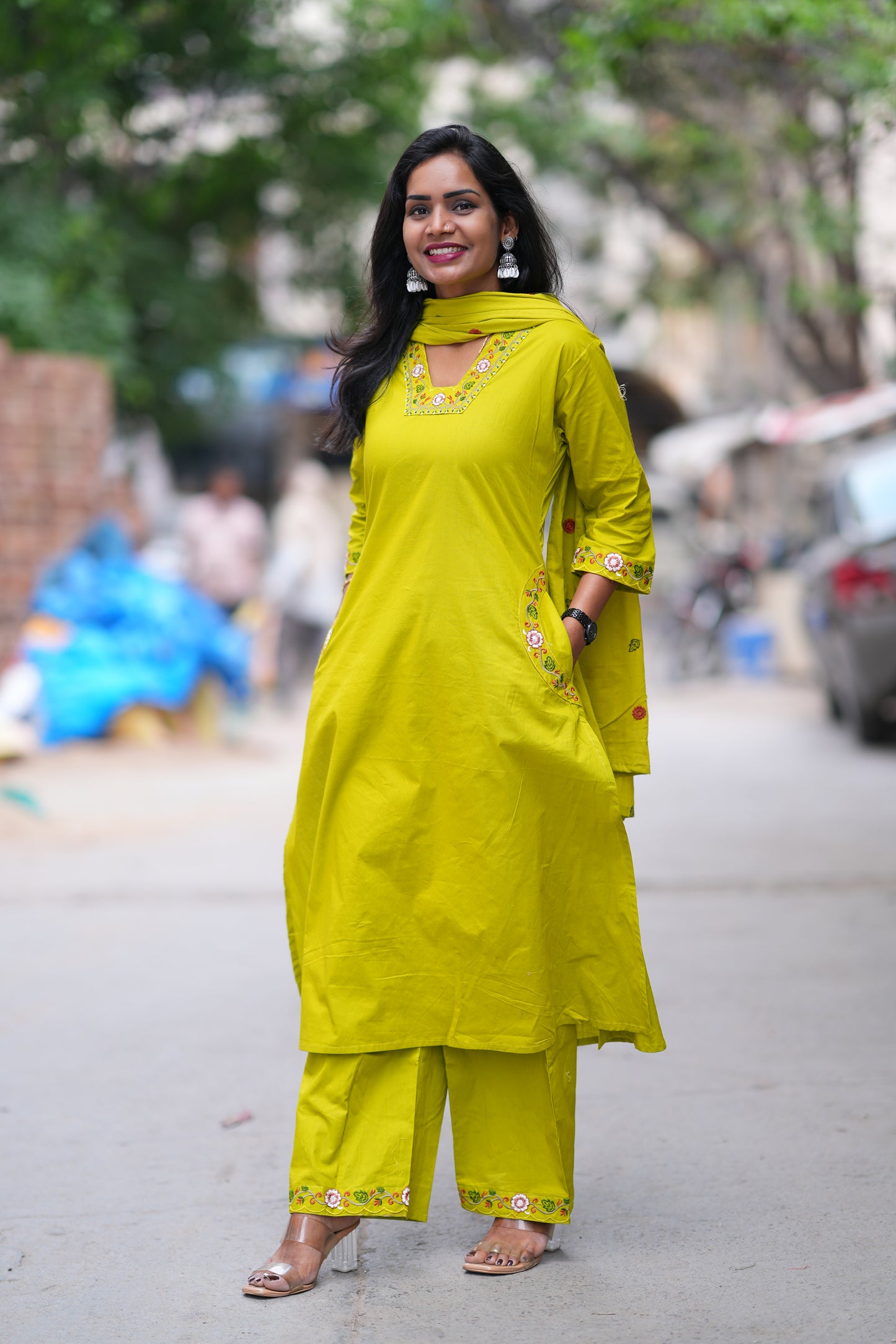 Golden Yellow color Jaipuri Cotton 3 piece Set With Pazzo Pant and Embroidery Work