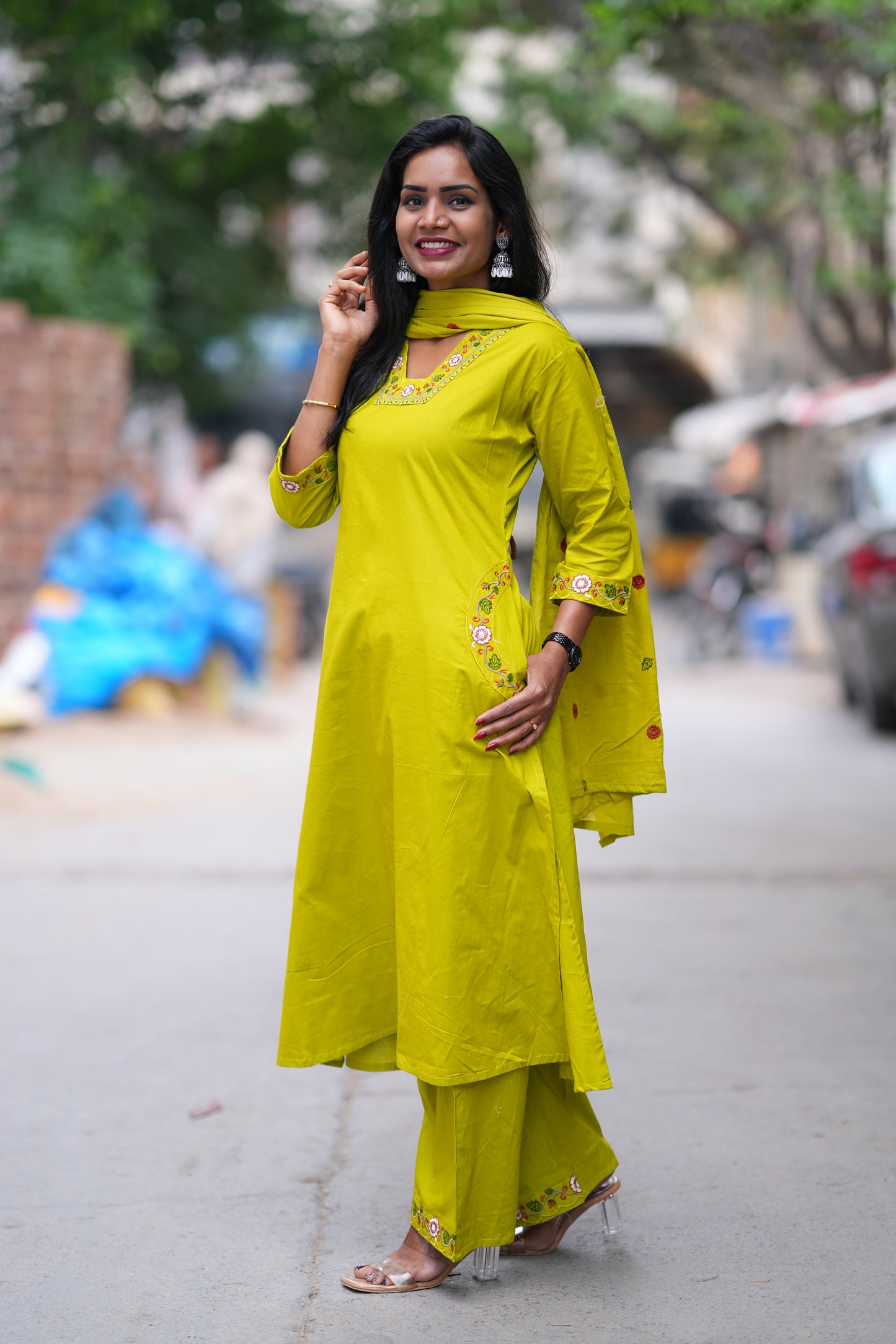 Golden Yellow color Jaipuri Cotton 3 piece Set With Pazzo Pant and Embroidery Work