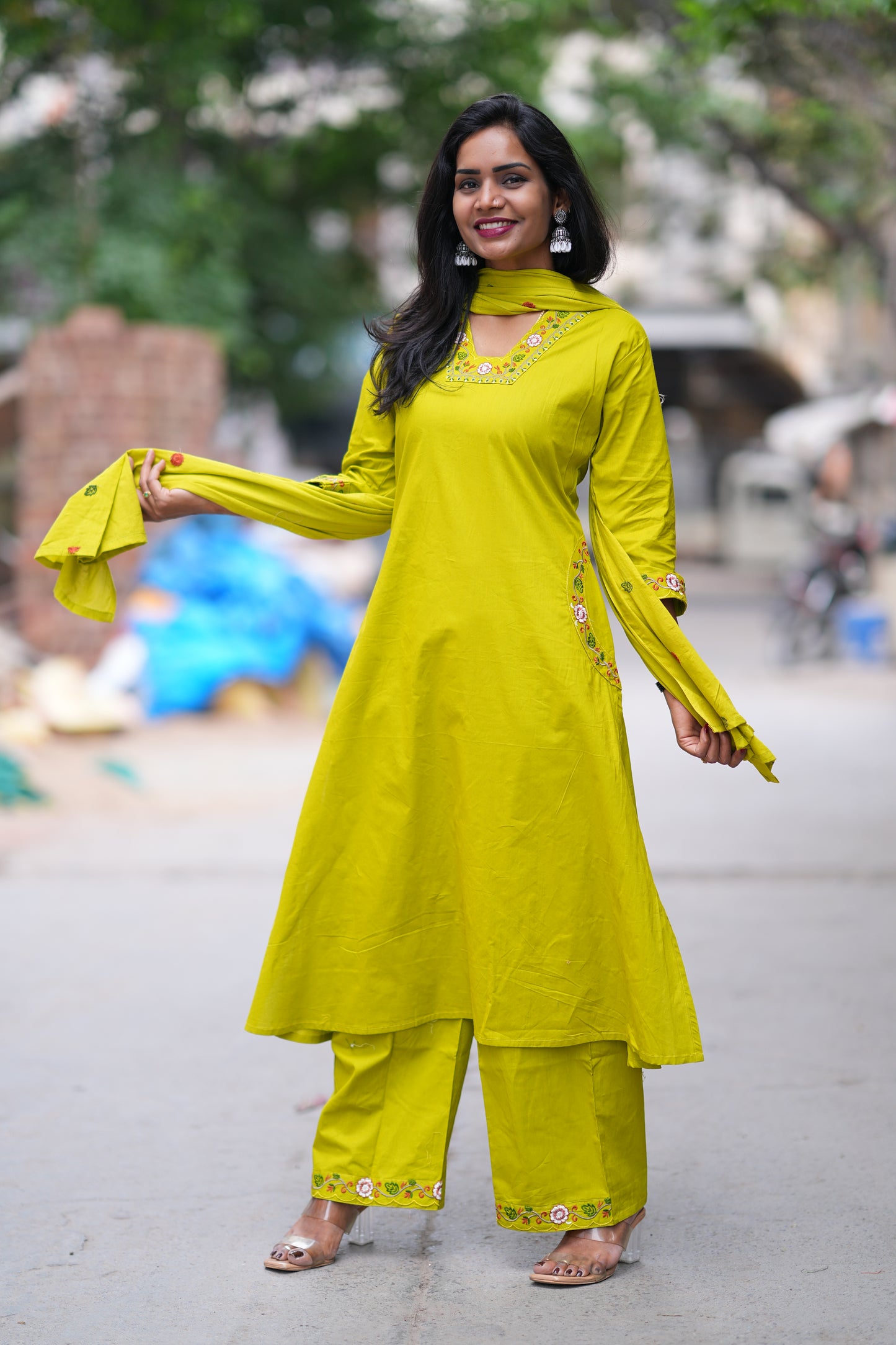 Golden Yellow color Jaipuri Cotton 3 piece Set With Pazzo Pant and Embroidery Work
