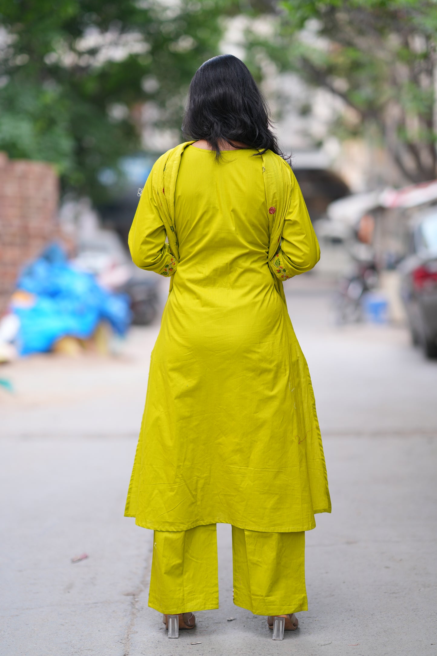 Golden Yellow color Jaipuri Cotton 3 piece Set With Pazzo Pant and Embroidery Work