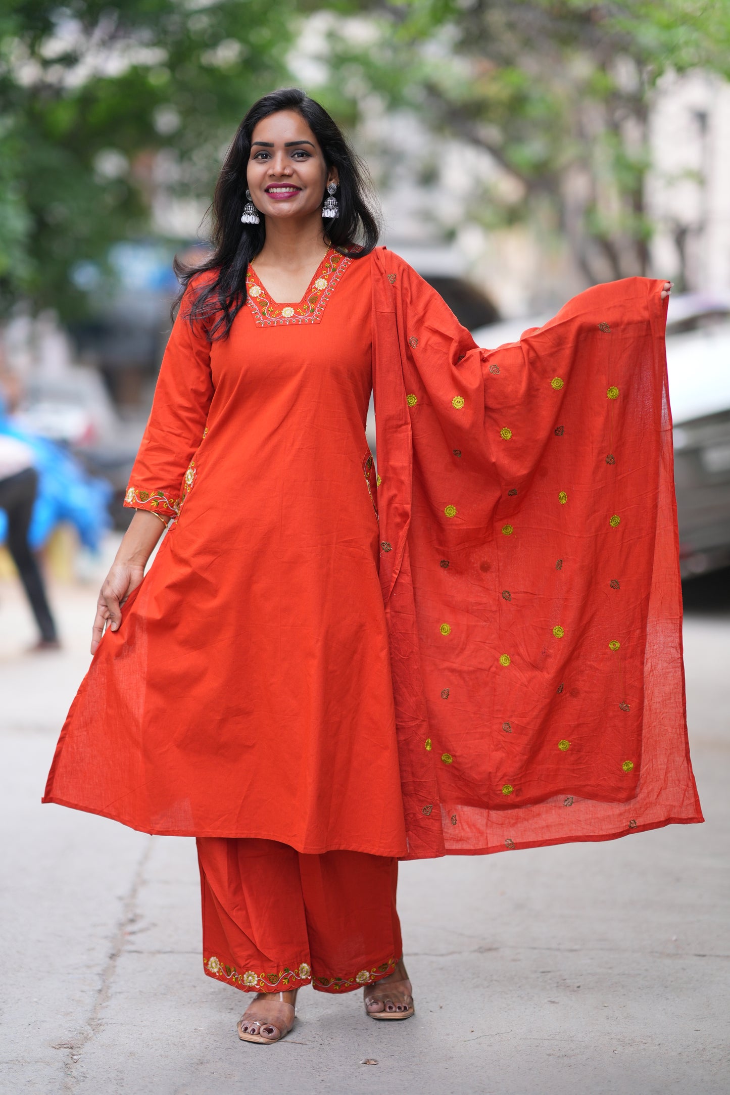 Reddish Orange Color Jaipur Cotton 3 piece Set With Embroidery Work