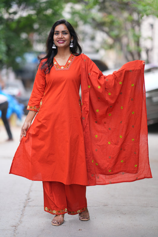 Reddish Orange Color Jaipur Cotton 3 piece Set With Embroidery Work