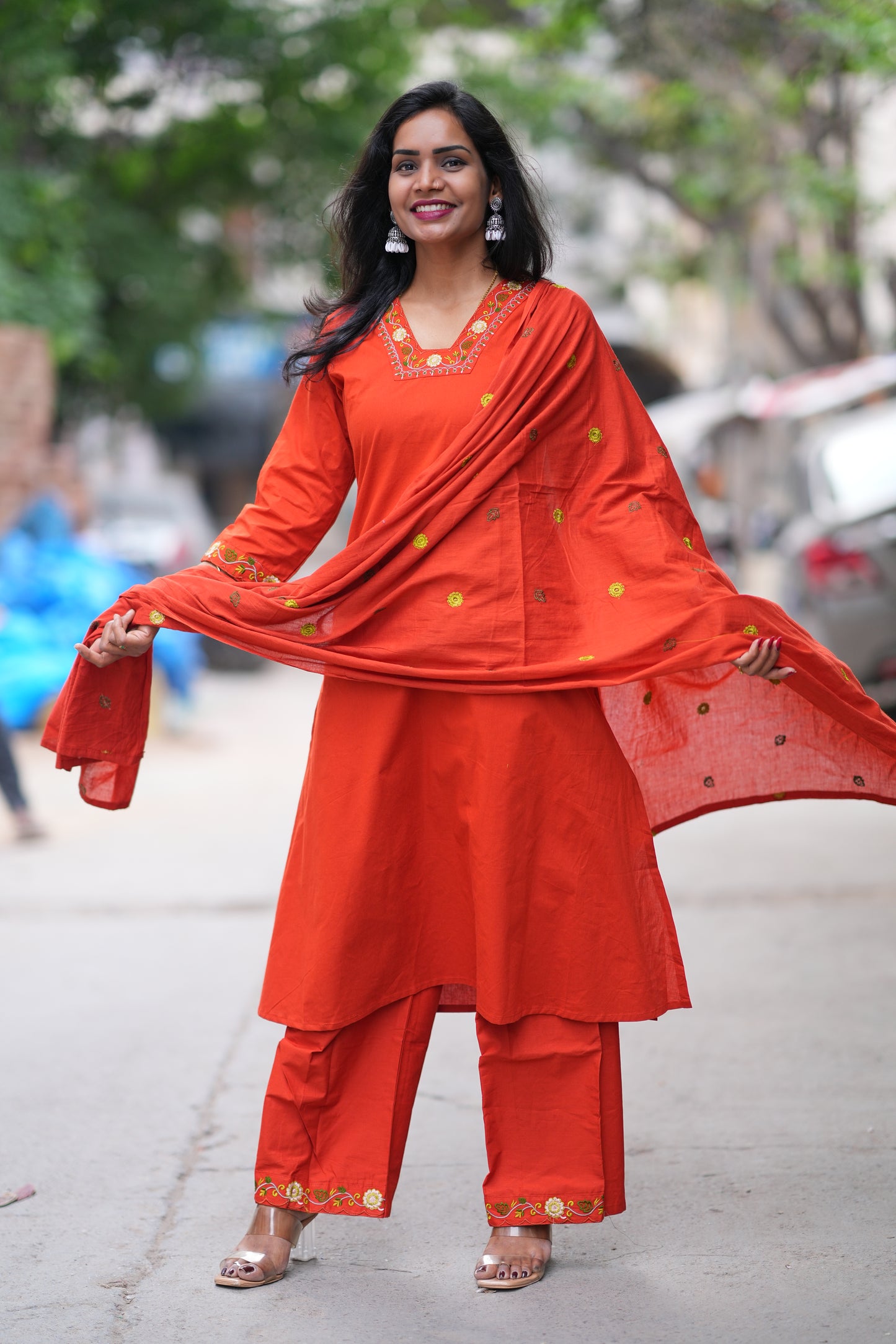 Reddish Orange Color Jaipur Cotton 3 piece Set With Embroidery Work
