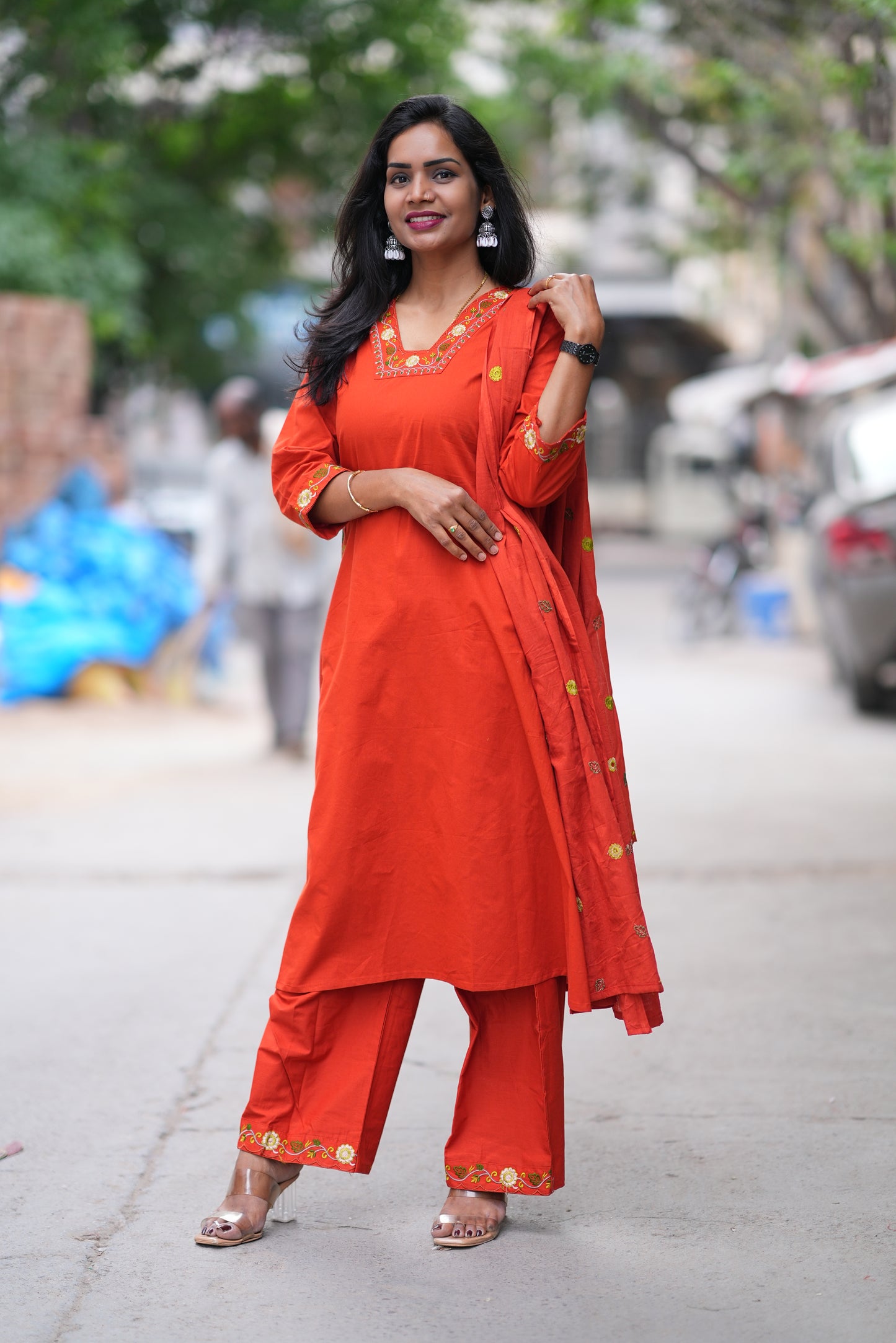 Reddish Orange Color Jaipur Cotton 3 piece Set With Embroidery Work
