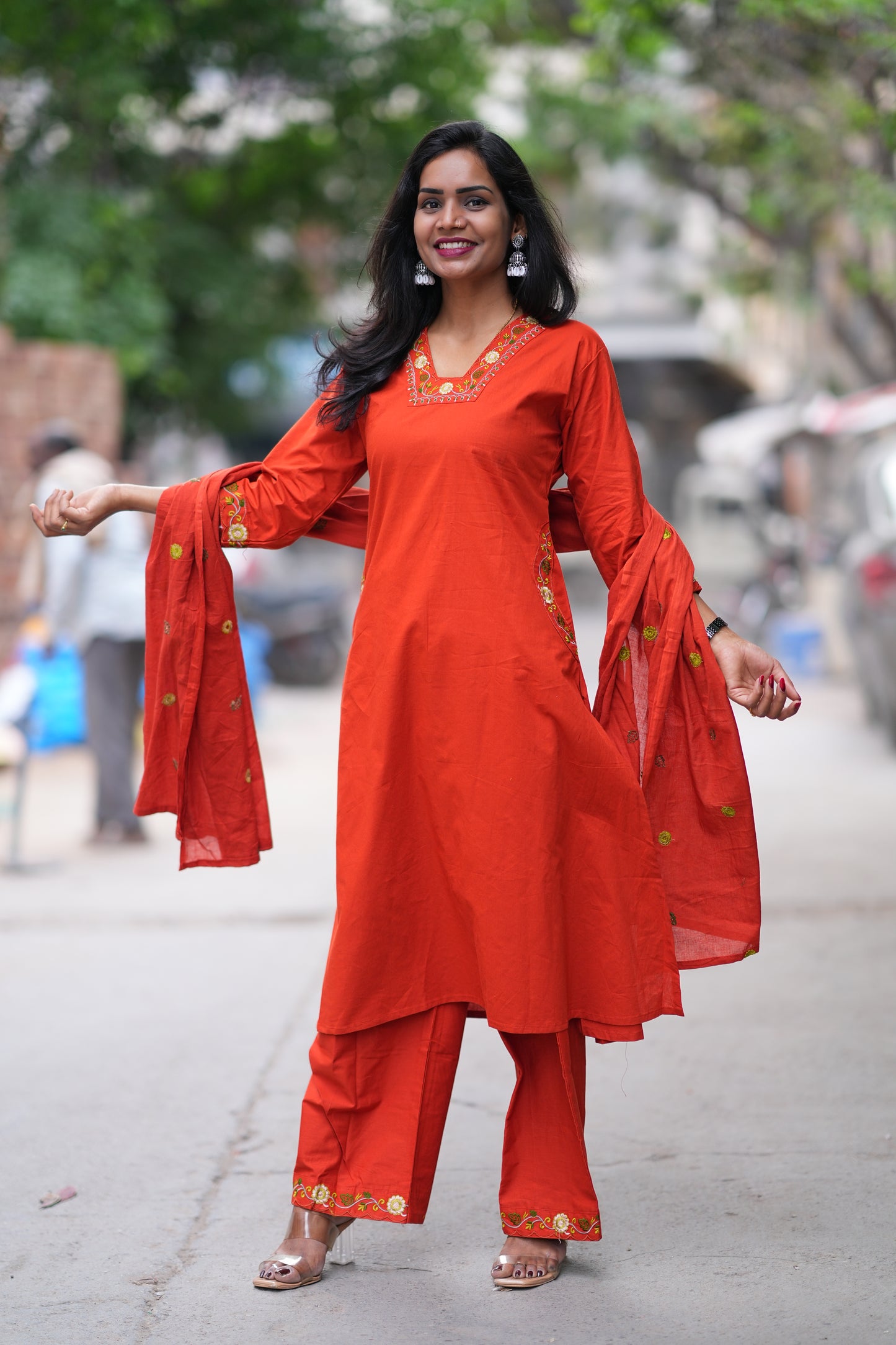 Reddish Orange Color Jaipur Cotton 3 piece Set With Embroidery Work