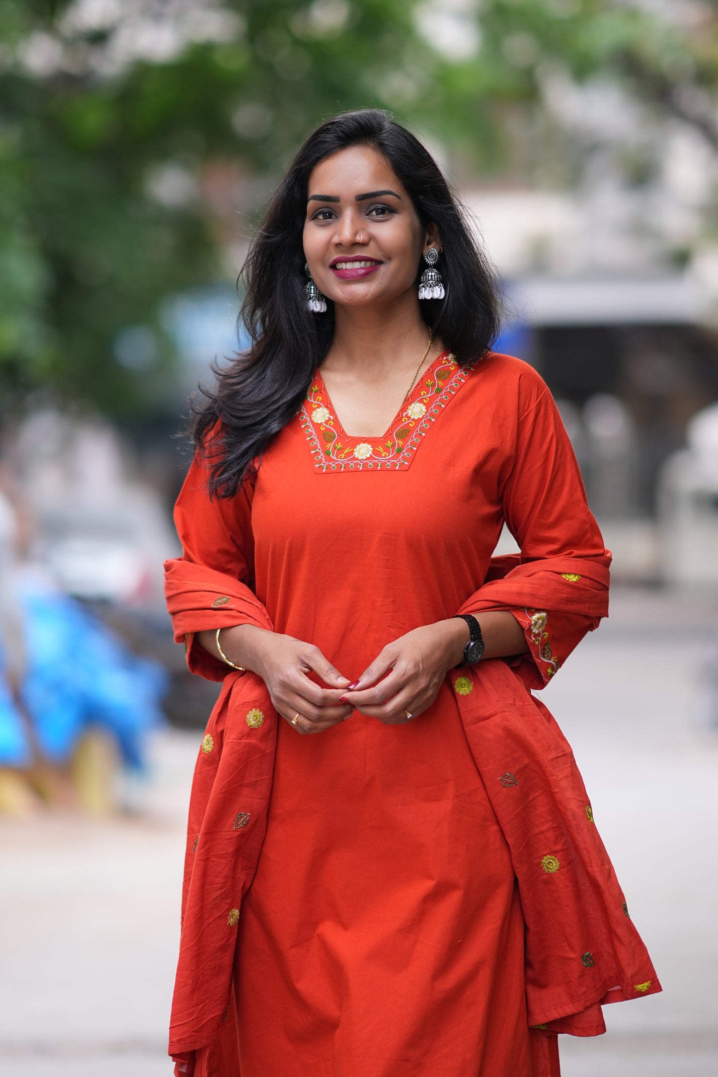 Reddish Orange Color Jaipur Cotton 3 piece Set With Embroidery Work