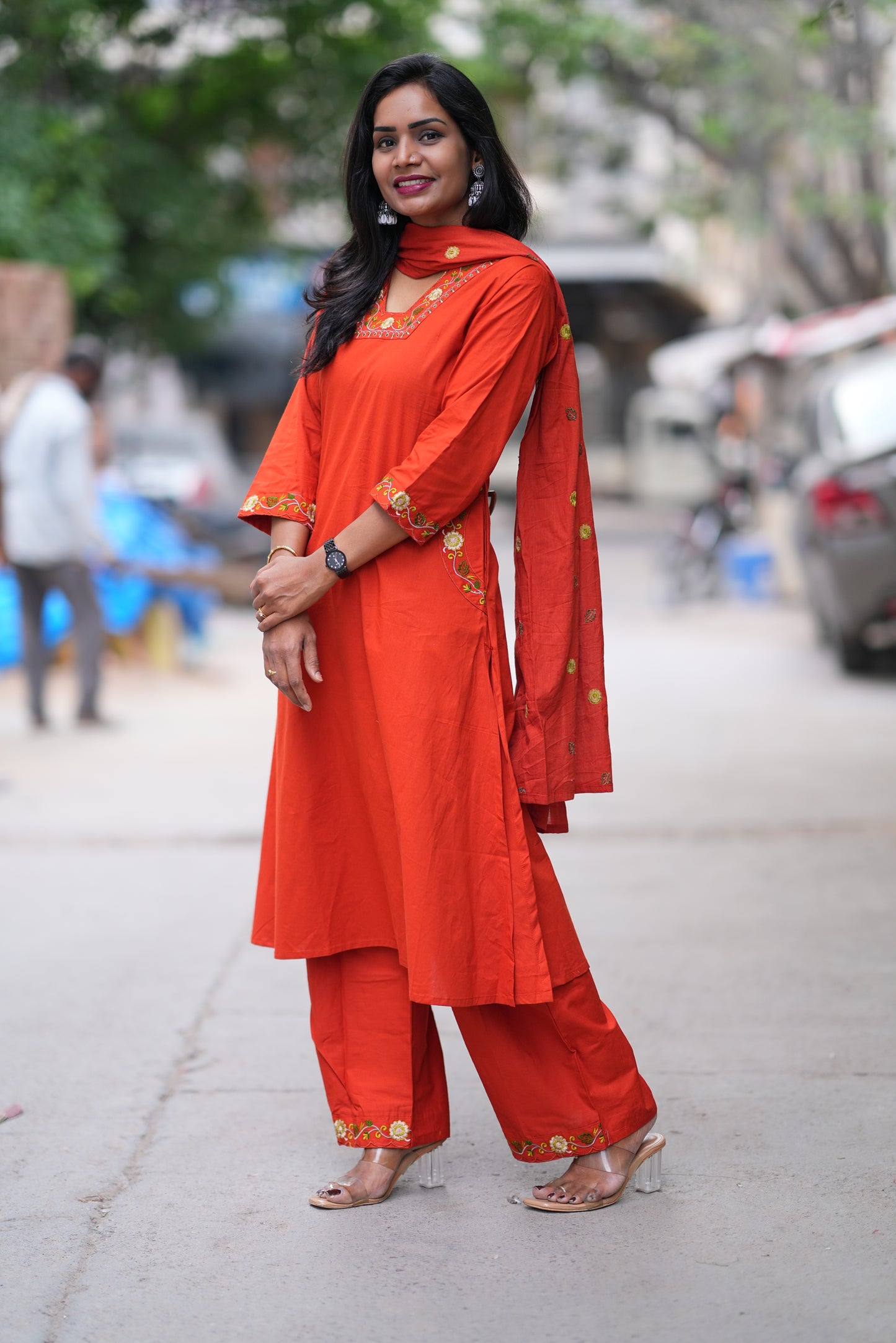 Reddish Orange Color Jaipur Cotton 3 piece Set With Embroidery Work