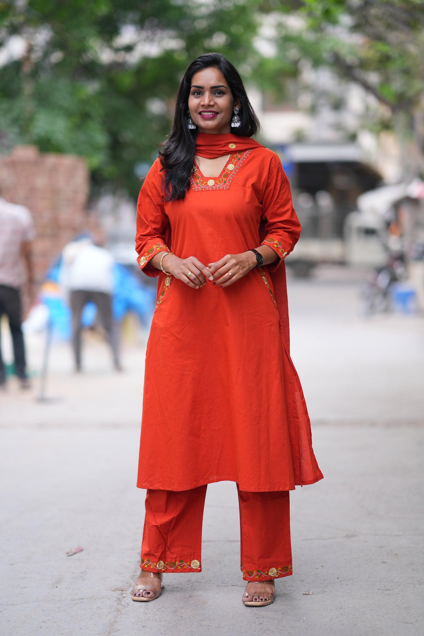 Reddish Orange Color Jaipur Cotton 3 piece Set With Embroidery Work